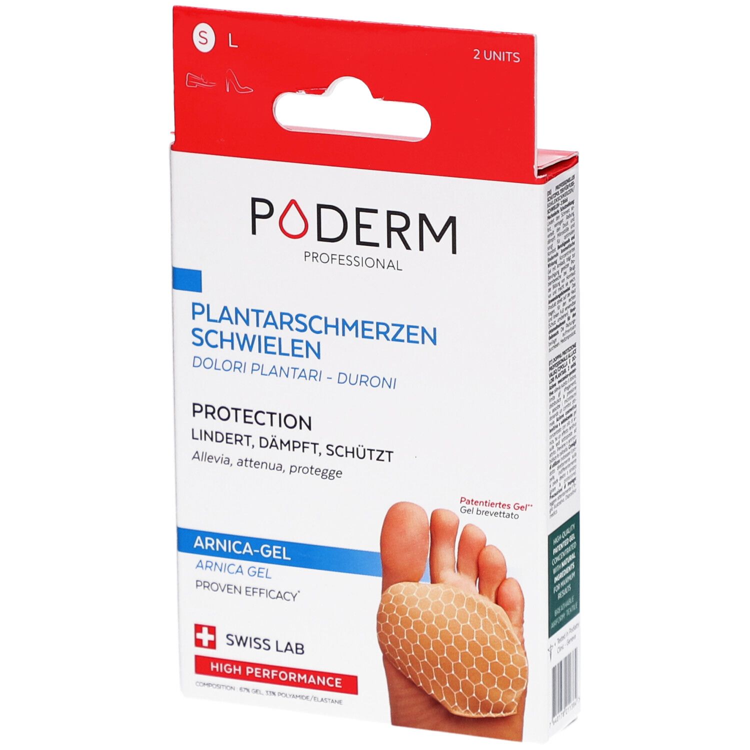 Boîte Poderm Gel-Pads. Texte: douleurs plantaires, durillons, gel à l'arnica, Swiss Lab. Tailles S/L.