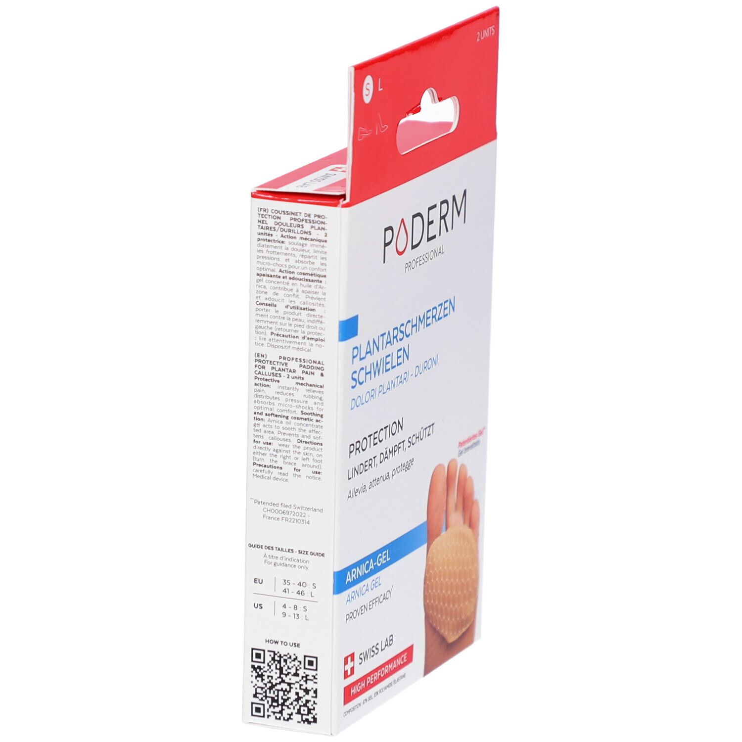 Vue latérale de la boîte Poderm. Texte: douleurs plantaires, durillons, gel à l'arnica, Swiss Lab. Indications tailles.