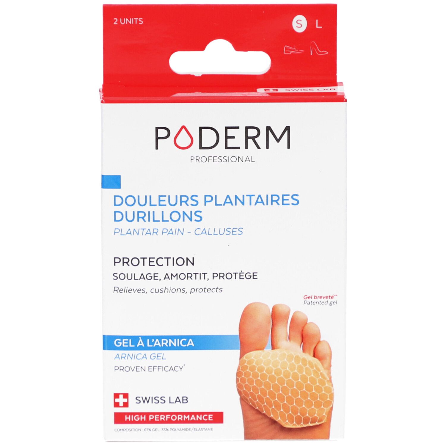 Boîte Poderm Gel-Pads. Texte: douleurs plantaires, durillons, gel à l'arnica, Swiss Lab. Tailles S/L. 2 unités.
