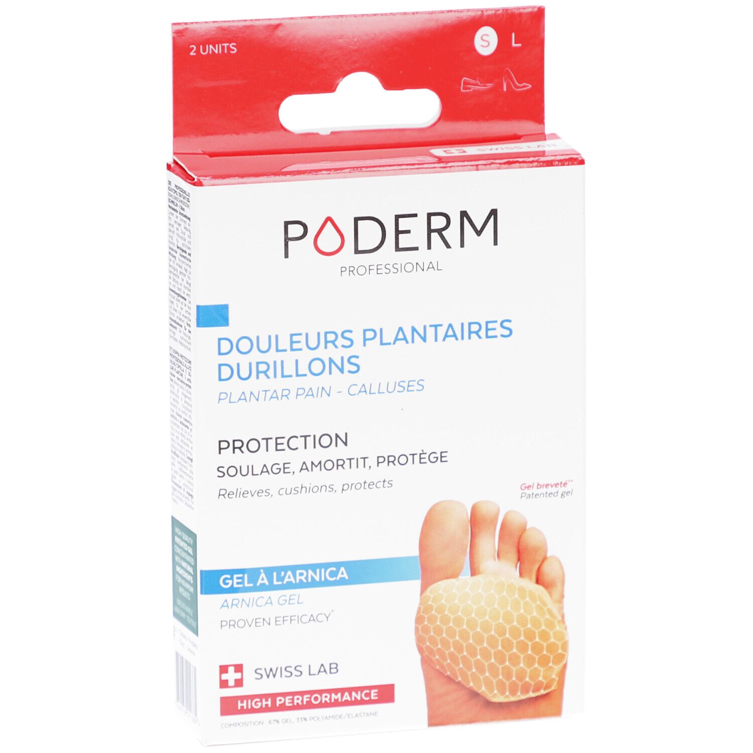 Boîte Poderm Gel-Pads. Texte: douleurs plantaires, durillons, gel à l'arnica, Swiss Lab. Tailles S/L. 2 unités.