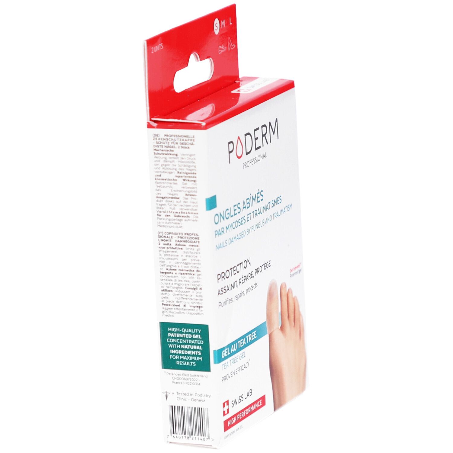 Vue latérale de la boîte PODERM PROF. Texte: Ongles abîmés, Protection, Gel au Tea Tree. Swiss Lab. Tailles.