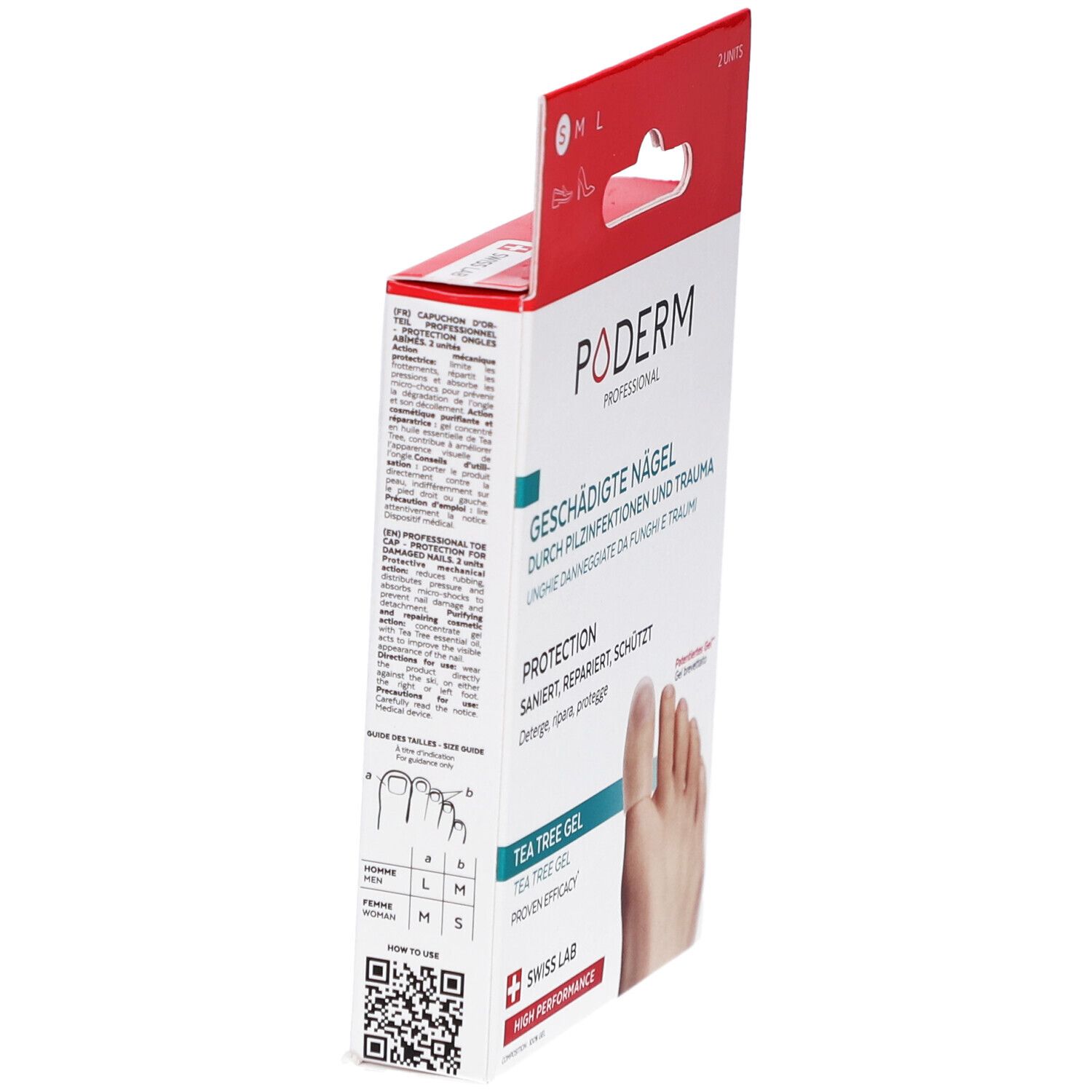 Vue latérale de la boîte PODERM PROF. Texte: Ongles abîmés, Protection, Gel au Tea Tree. Tailles.