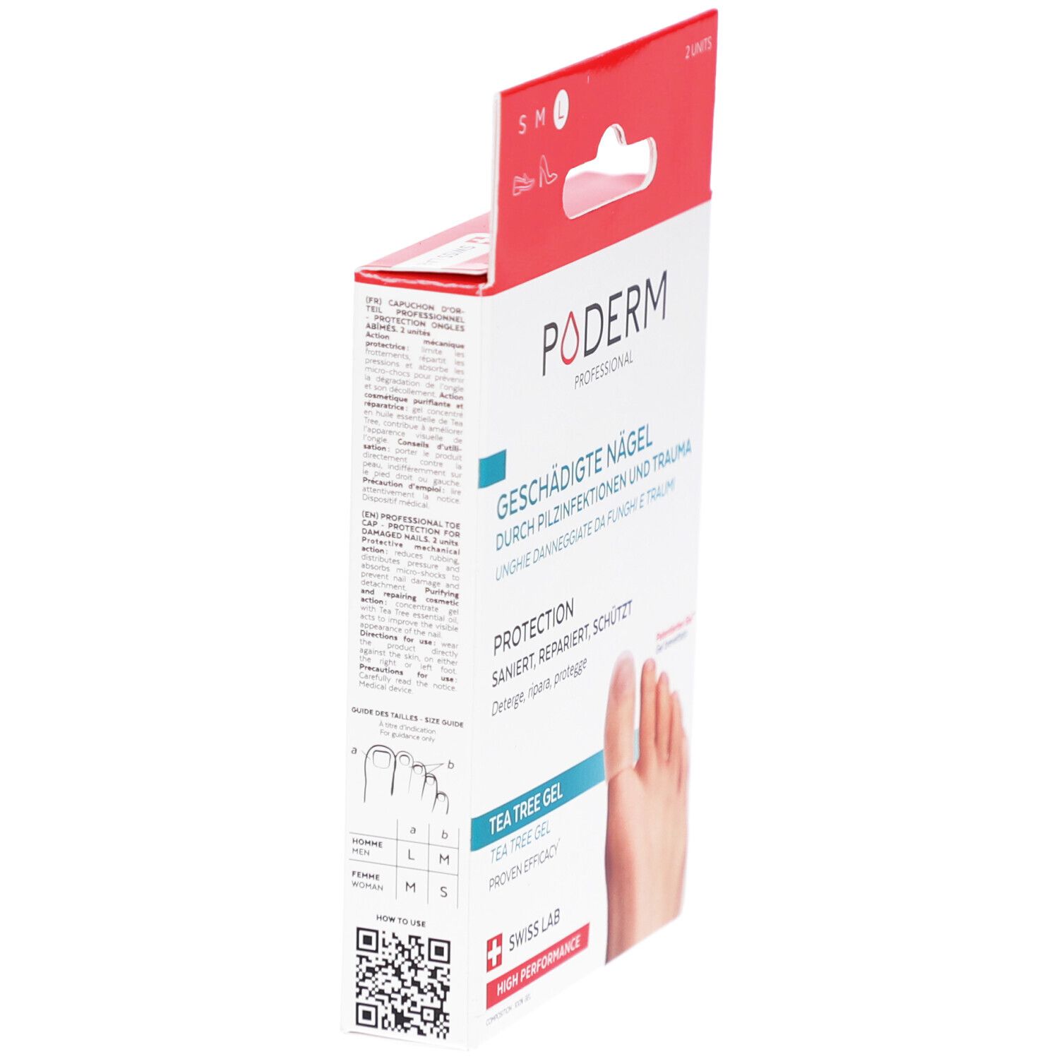 Boîte Poderm Professional Gel Arbre à Thé pour ongles abîmés, avec illustration de pied et indications de taille.