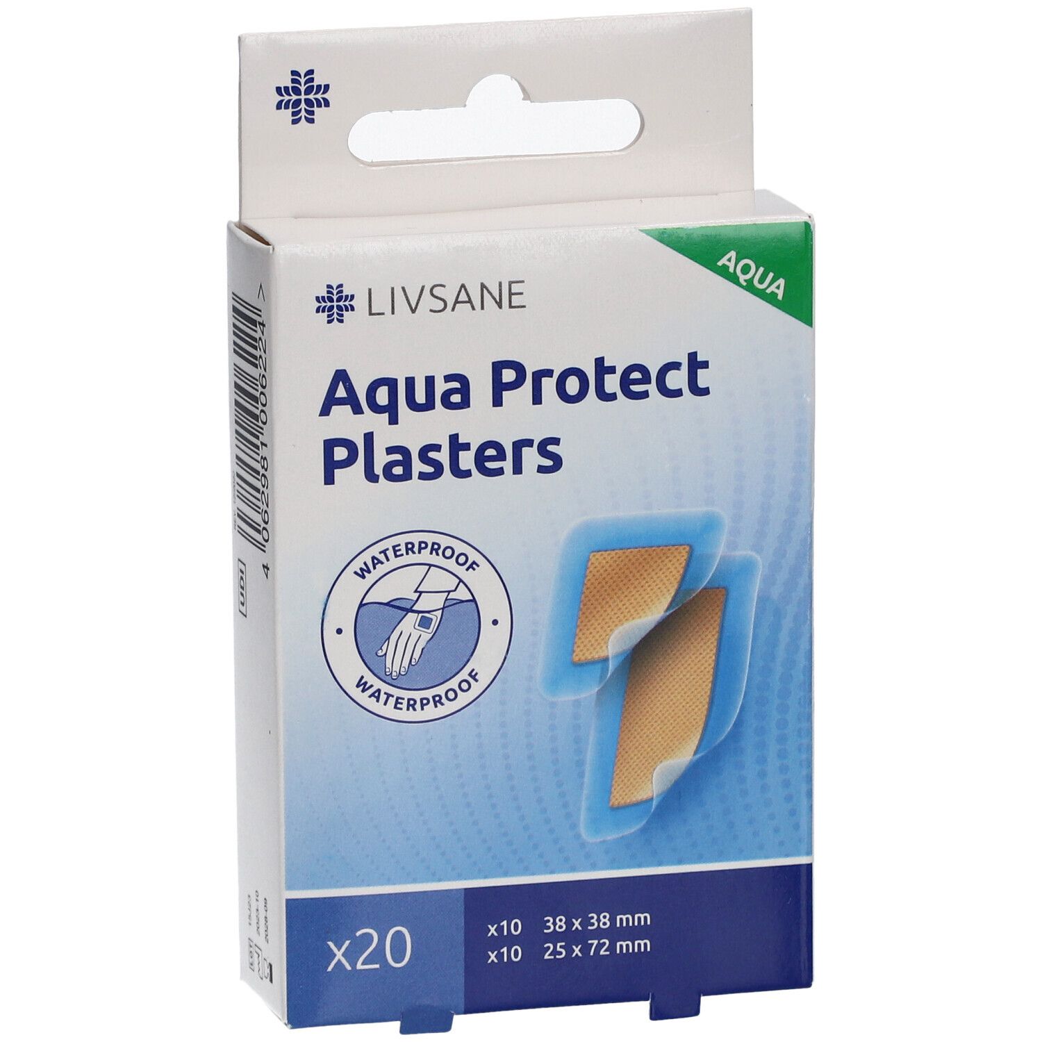 Boîte de pansements LIVSANE Aqua Protect. 20 pièces. Tailles : 38x38mm et 25x72mm. Résistant à l'eau.