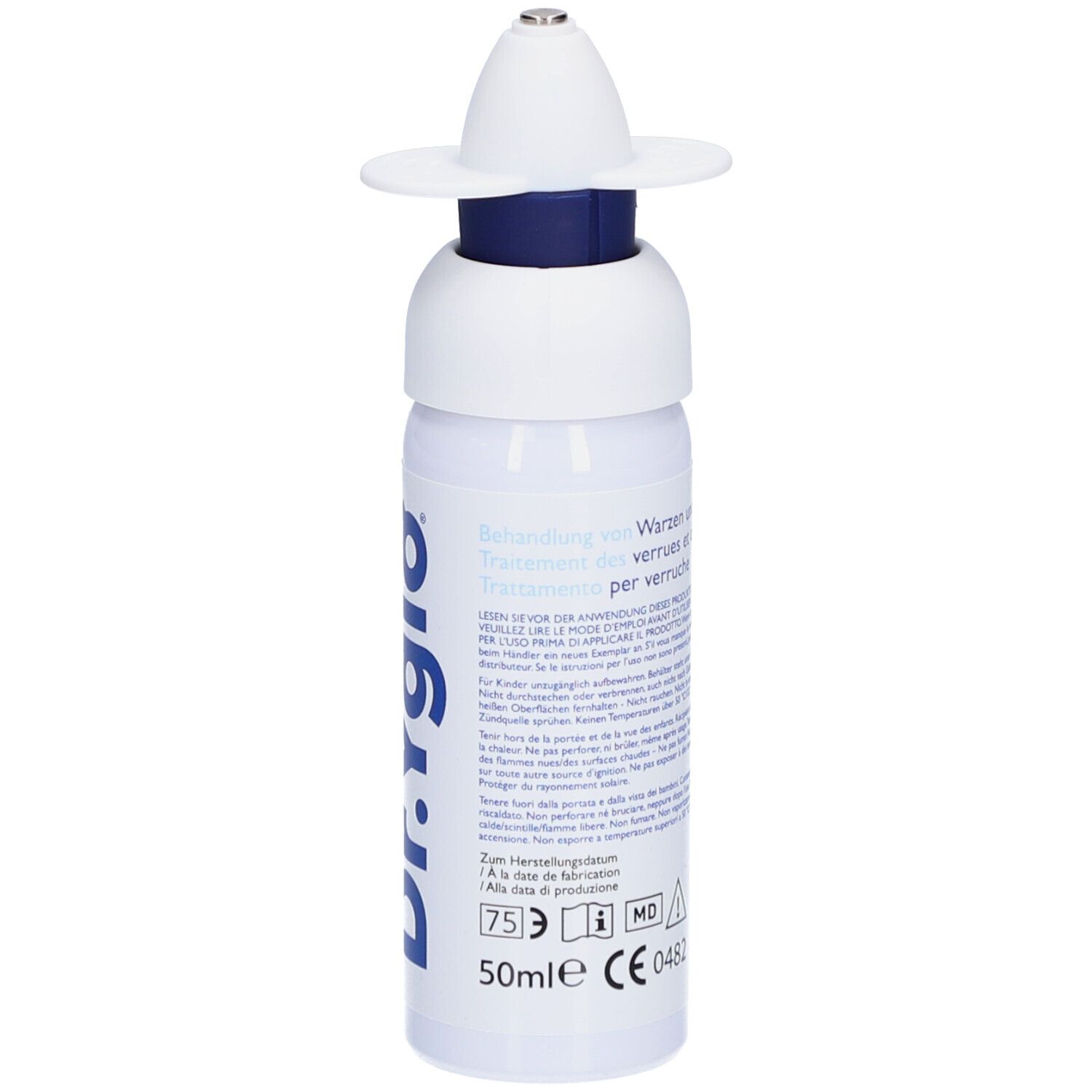 Flacon blanc avec bague bleue et applicateur. Texte: Traitement des verrues, 50ml, marquage CE, symbole MD.