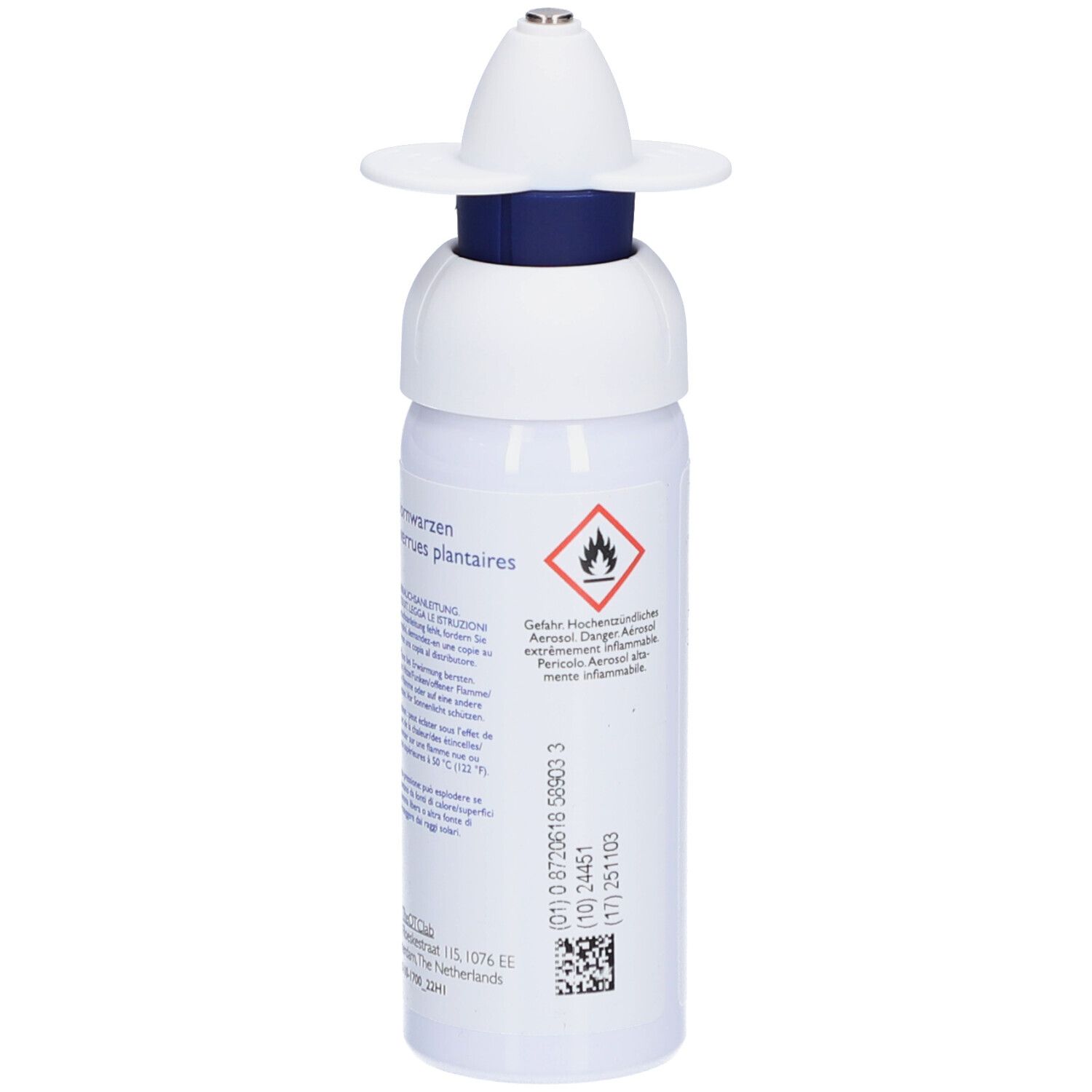 Flacon blanc avec bague bleue et applicateur. Texte: Verrues et verrues plantaires, symbole de danger.