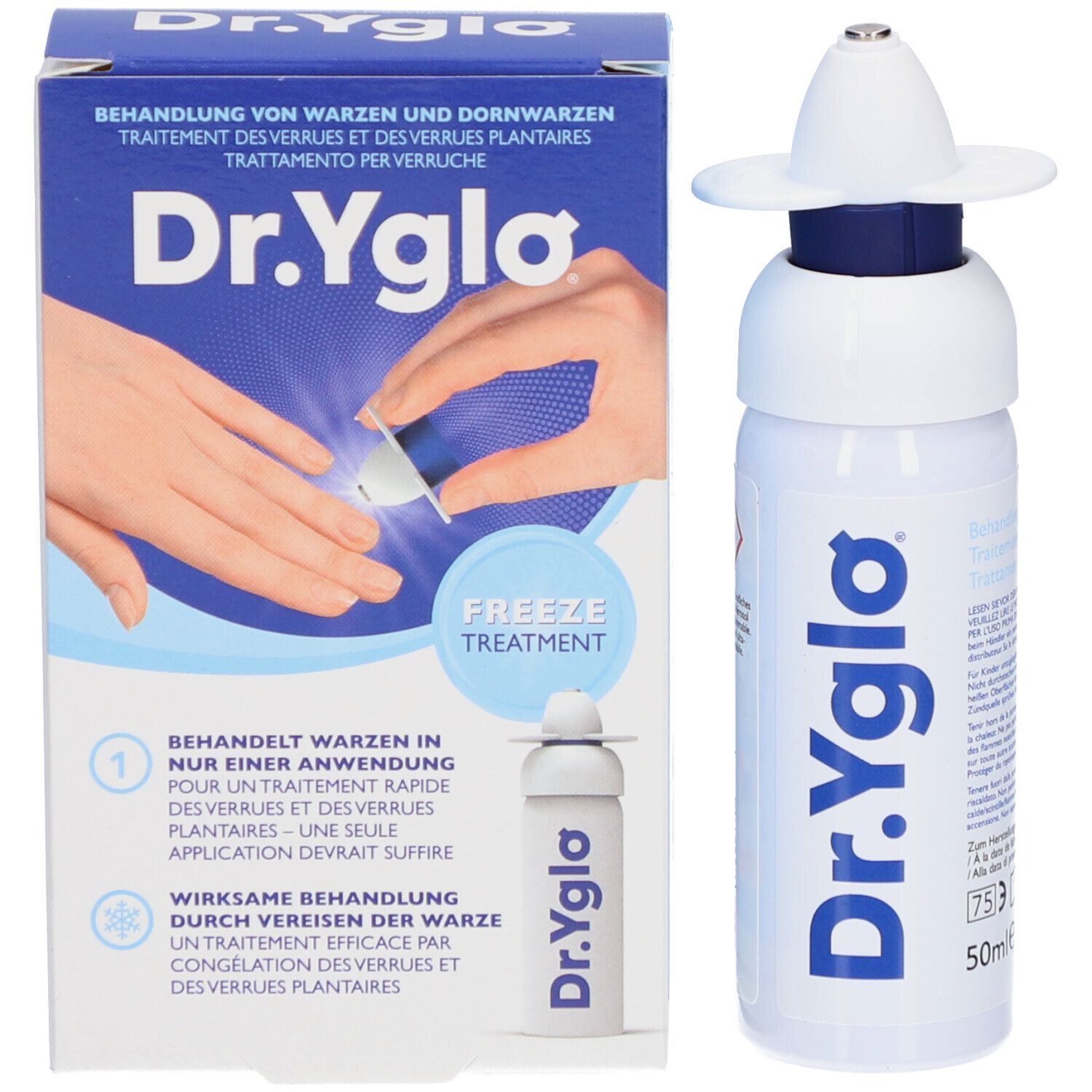 Emballage et flacon du produit. Emballage: Dr. Yglo, Freeze Treatment. Flacon: Dr. Yglo, 50ml.