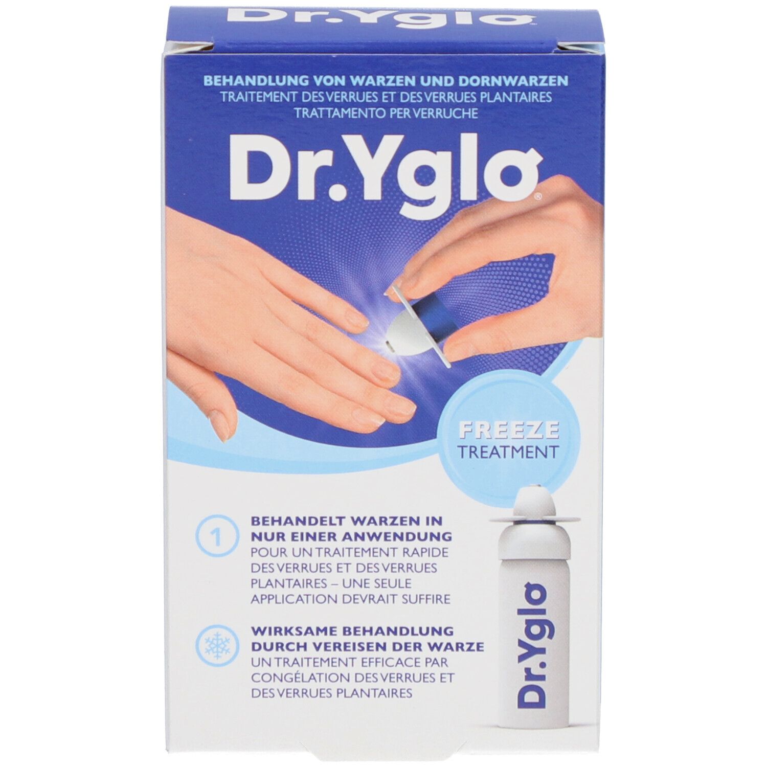 Emballage du produit. Inscription: Dr. Yglo, Freeze Treatment. Illustration: application sur la peau.