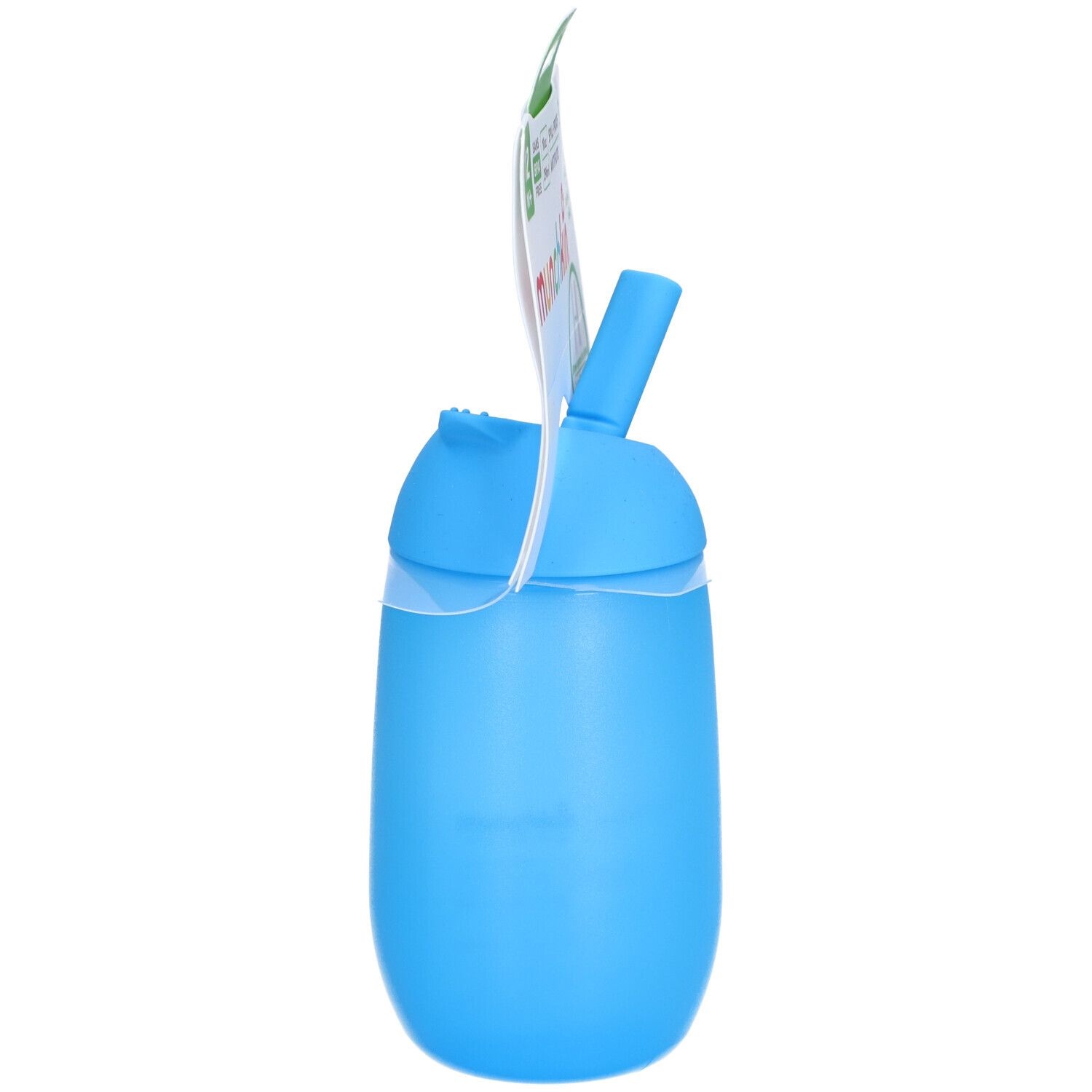 Gobelet bleu avec paille, vue latérale. Emballage avec informations sur le produit.