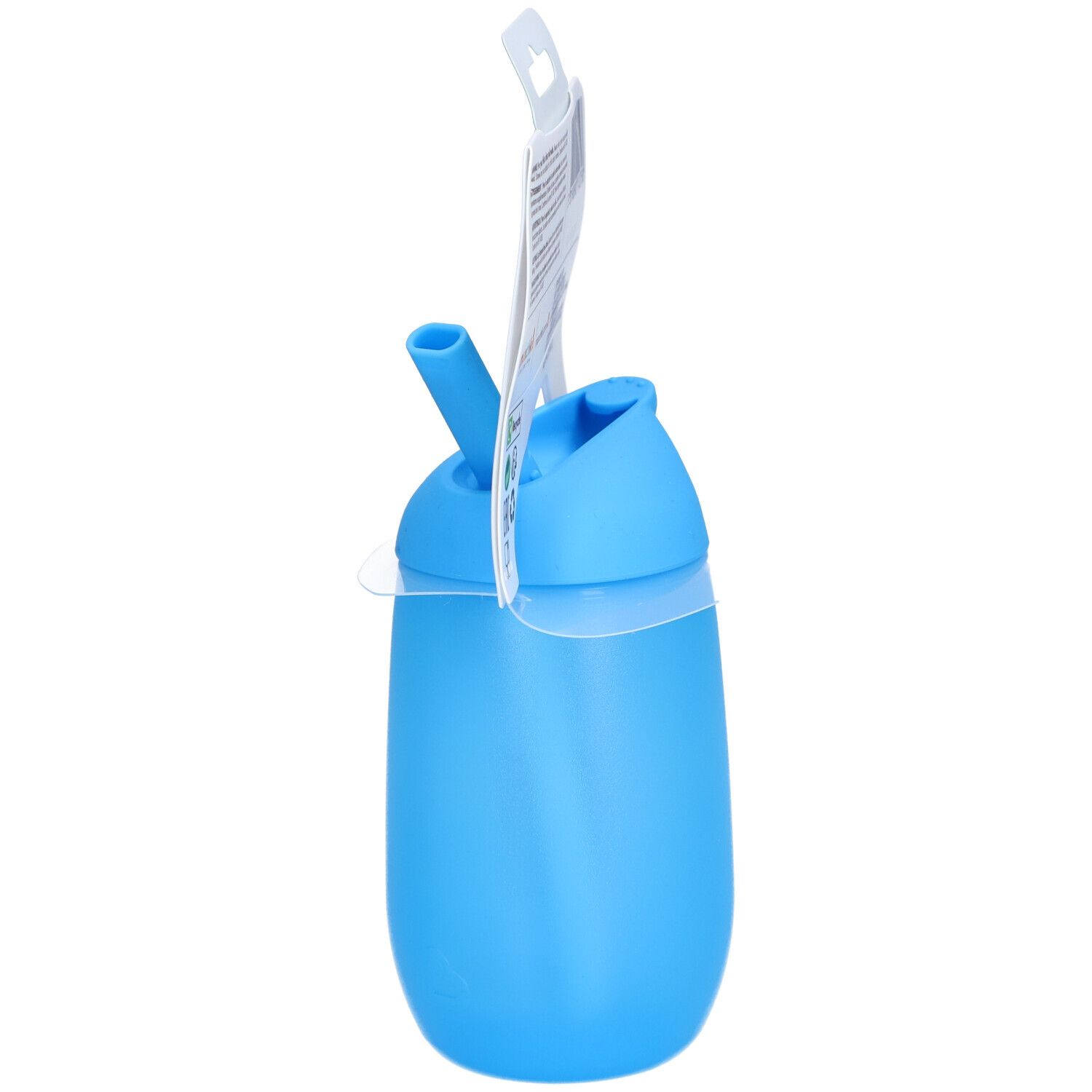 Gobelet bleu avec paille, vue latérale. Emballage avec informations sur le produit.