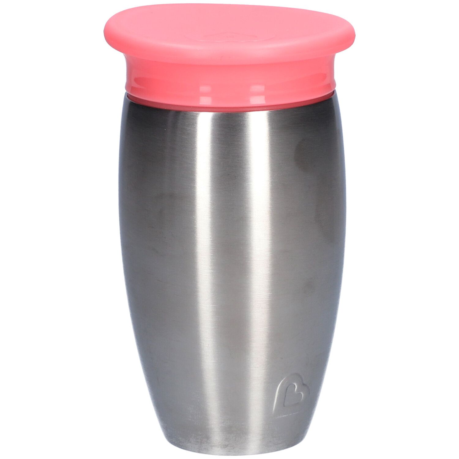 Gobelet en acier inoxydable avec couvercle rose. Forme cylindrique, surface lisse. Petit logo cœur en bas.
