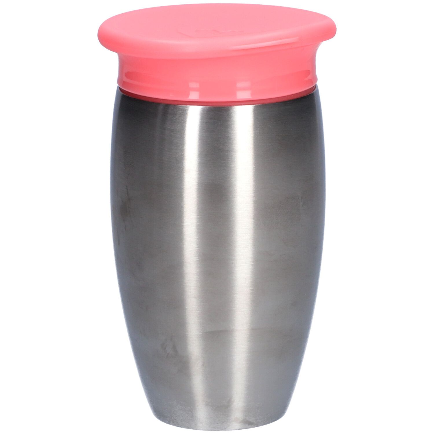 Gobelet en acier inoxydable avec couvercle rose. Forme cylindrique, surface lisse. Petit logo cœur en bas.