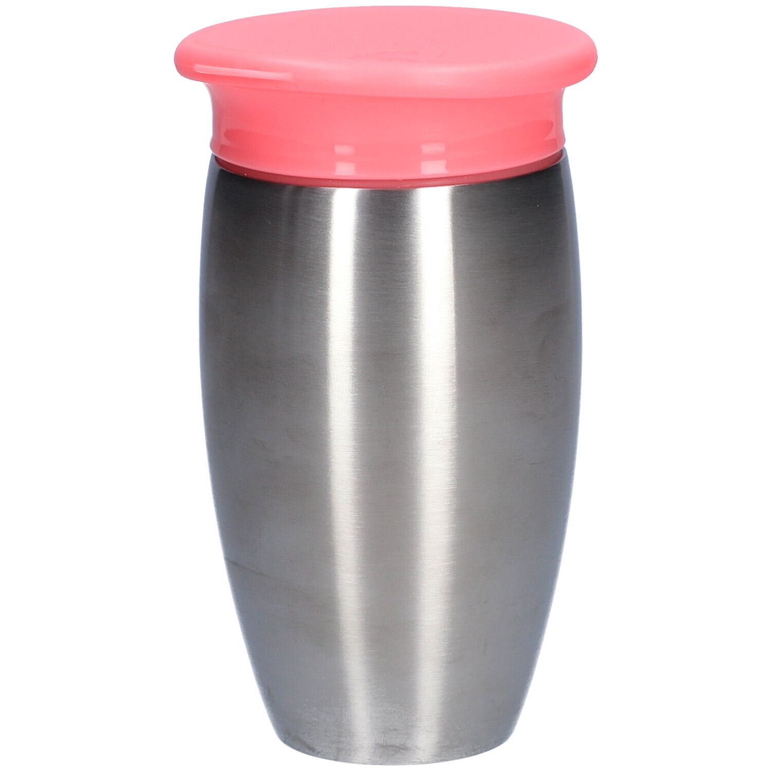 Gobelet en acier inoxydable avec couvercle rose. Forme cylindrique, surface lisse. Petit logo cœur en bas.