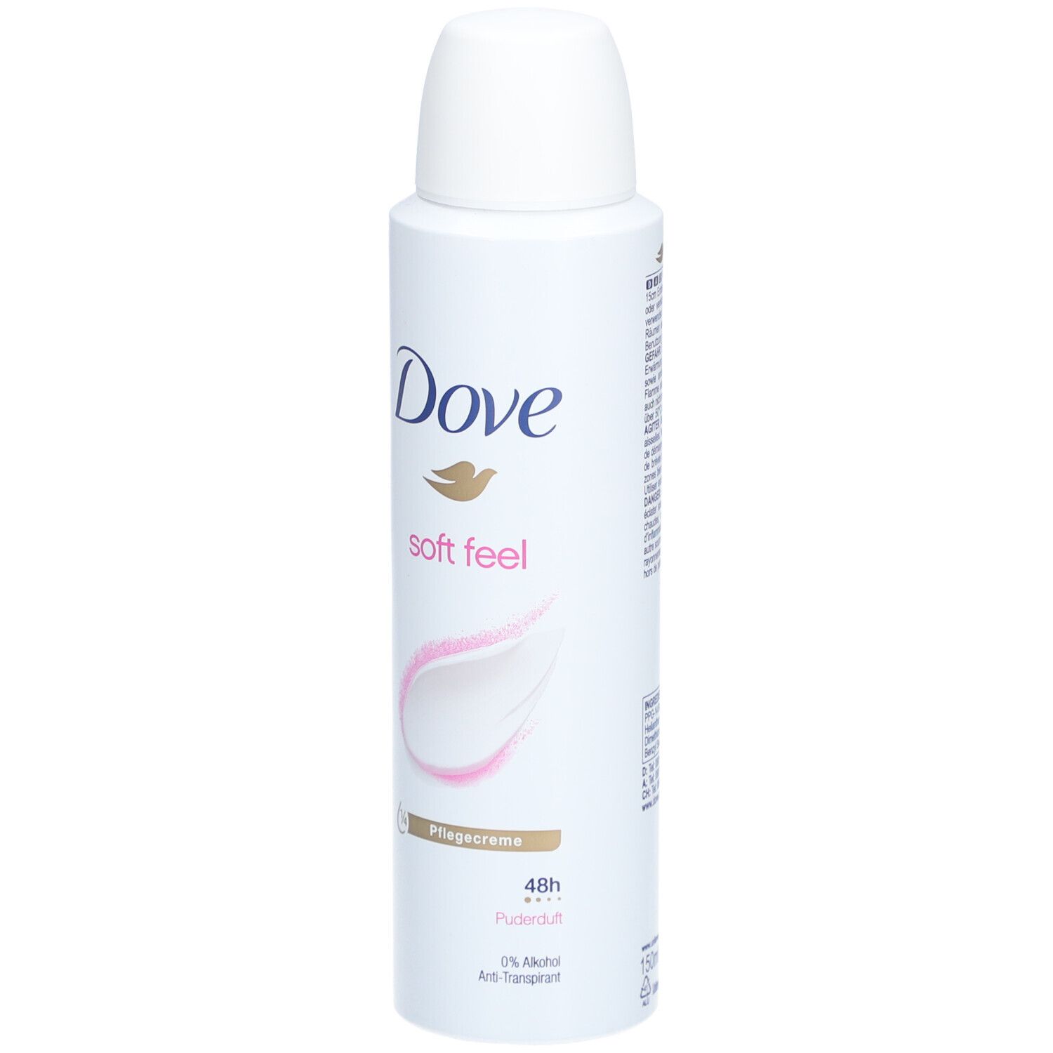 Spray Dove. Bouteille blanche avec bouchon blanc. Logo Dove et texte "soft feel".