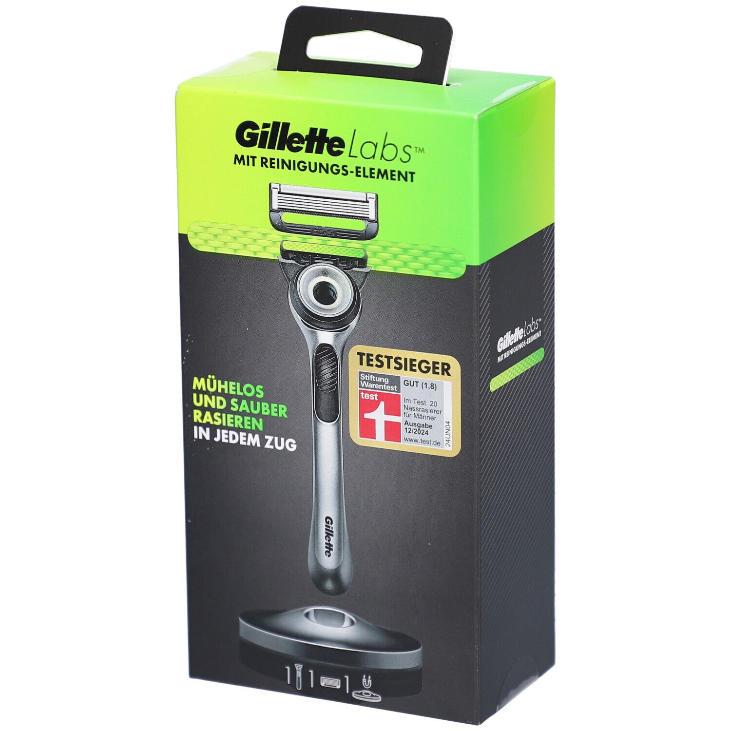 Rasoir Gillette Labs en boîte. Boîte verte et noire avec rasoir, support et logo. Sceau de test.