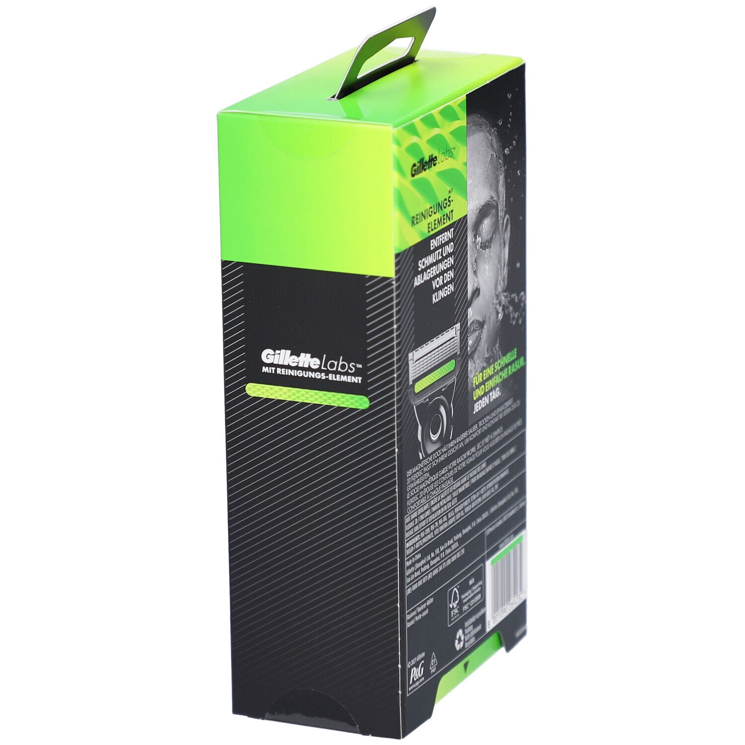 Emballage Gillette Labs, vue latérale. Boîte verte et noire avec illustration et texte du rasoir.