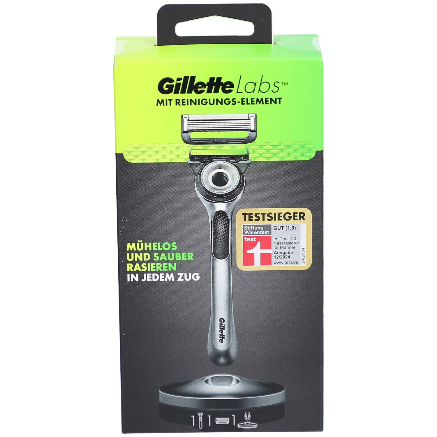 Rasoir Gillette Labs en boîte. Boîte verte et noire avec rasoir, support et logo. Sceau de test.