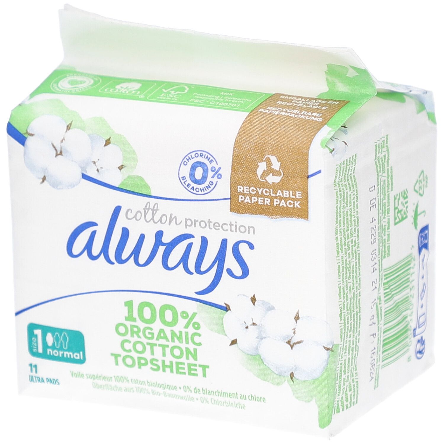 Paquet de serviettes ALWAYS Cotton Protection. 100% coton bio. 11 unités. Emballage vert et blanc avec logo et informations.