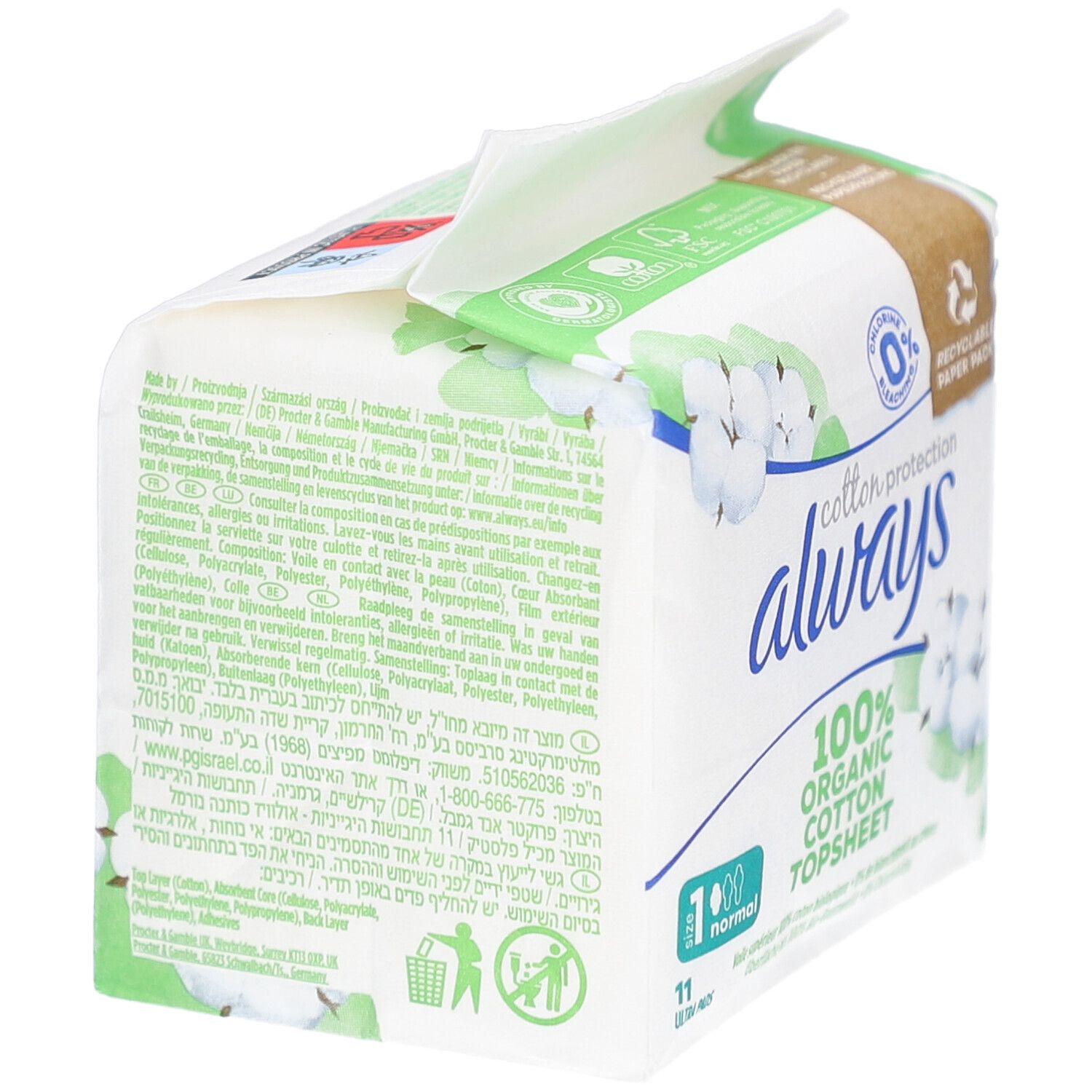 Paquet ALWAYS Cotton Protection. Dos avec informations produit multilingues. 100% coton bio.