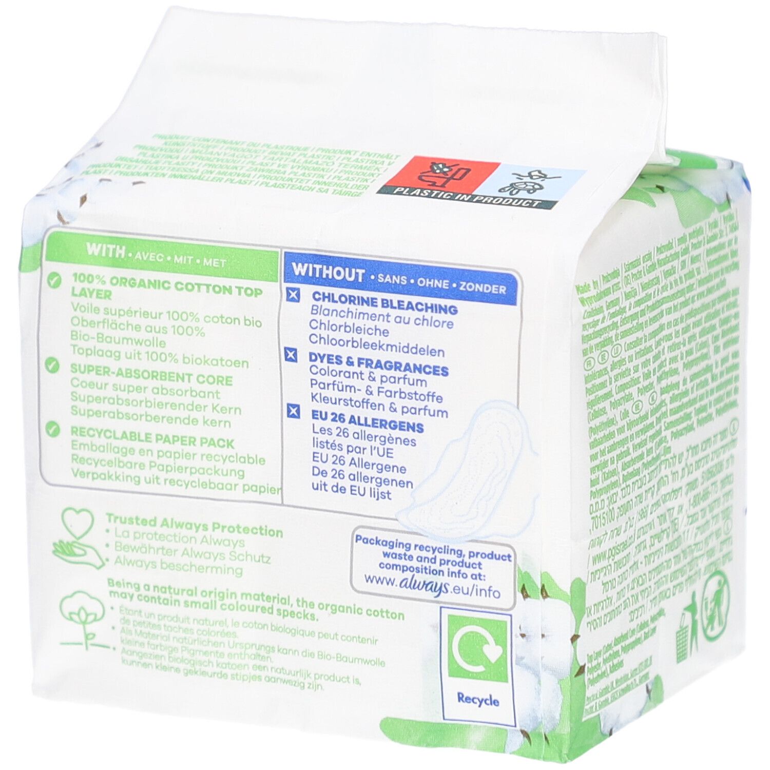 Dos du paquet ALWAYS Cotton Protection. Texte avec informations produit, ingrédients et certifications. Recyclable.