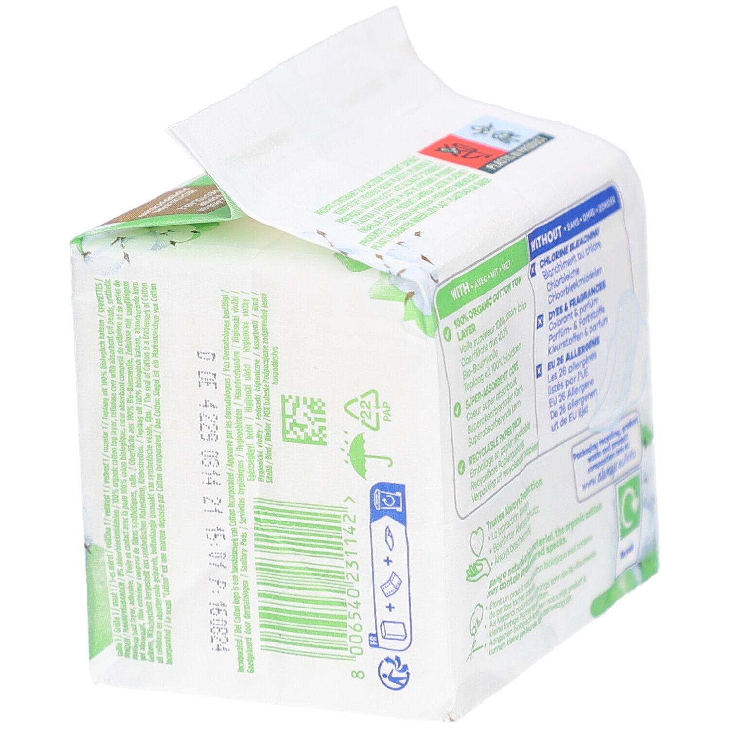 Vue latérale du paquet ALWAYS Cotton Protection. Texte avec informations produit et code-barres. Emballage vert et blanc.