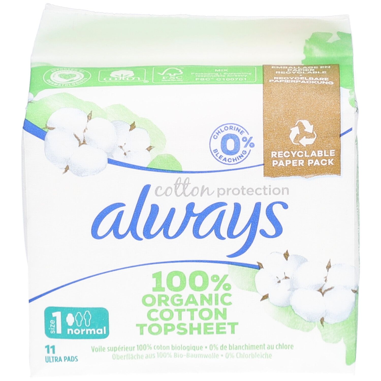 Paquet de serviettes ALWAYS Cotton Protection. 100% coton bio. 11 unités. Emballage vert et blanc avec logo et texte.