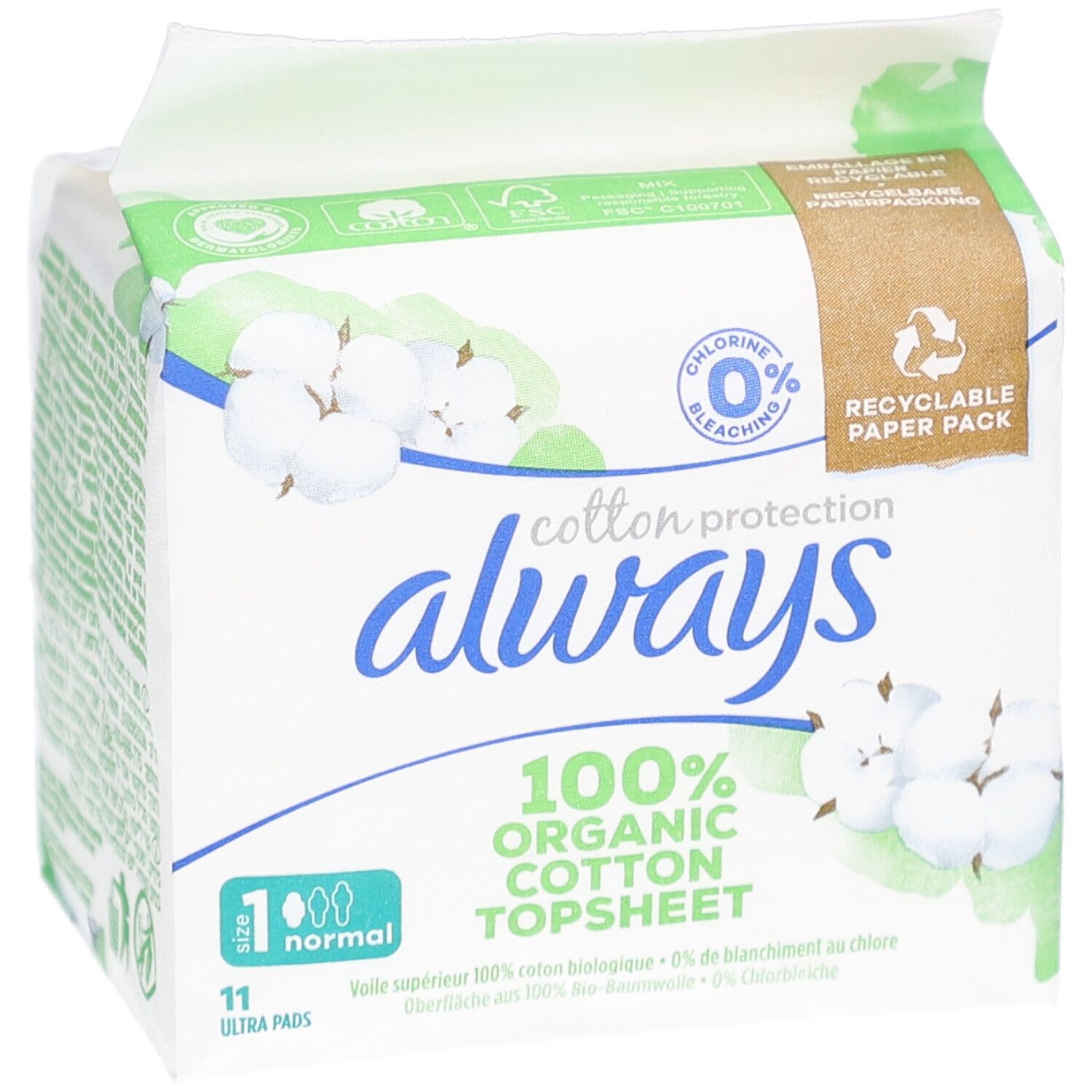 Paquet de serviettes ALWAYS Cotton Protection. 100% coton bio. 11 unités. Emballage vert et blanc avec logo et texte.