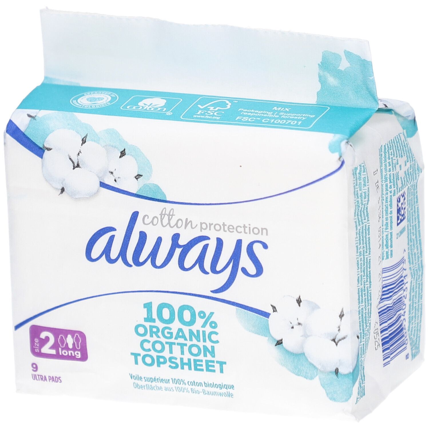 Always Cotton Protection, paquet de 9 serviettes Ultra, taille 2 Long. 100% coton bio. Emballage avec motif floral.
