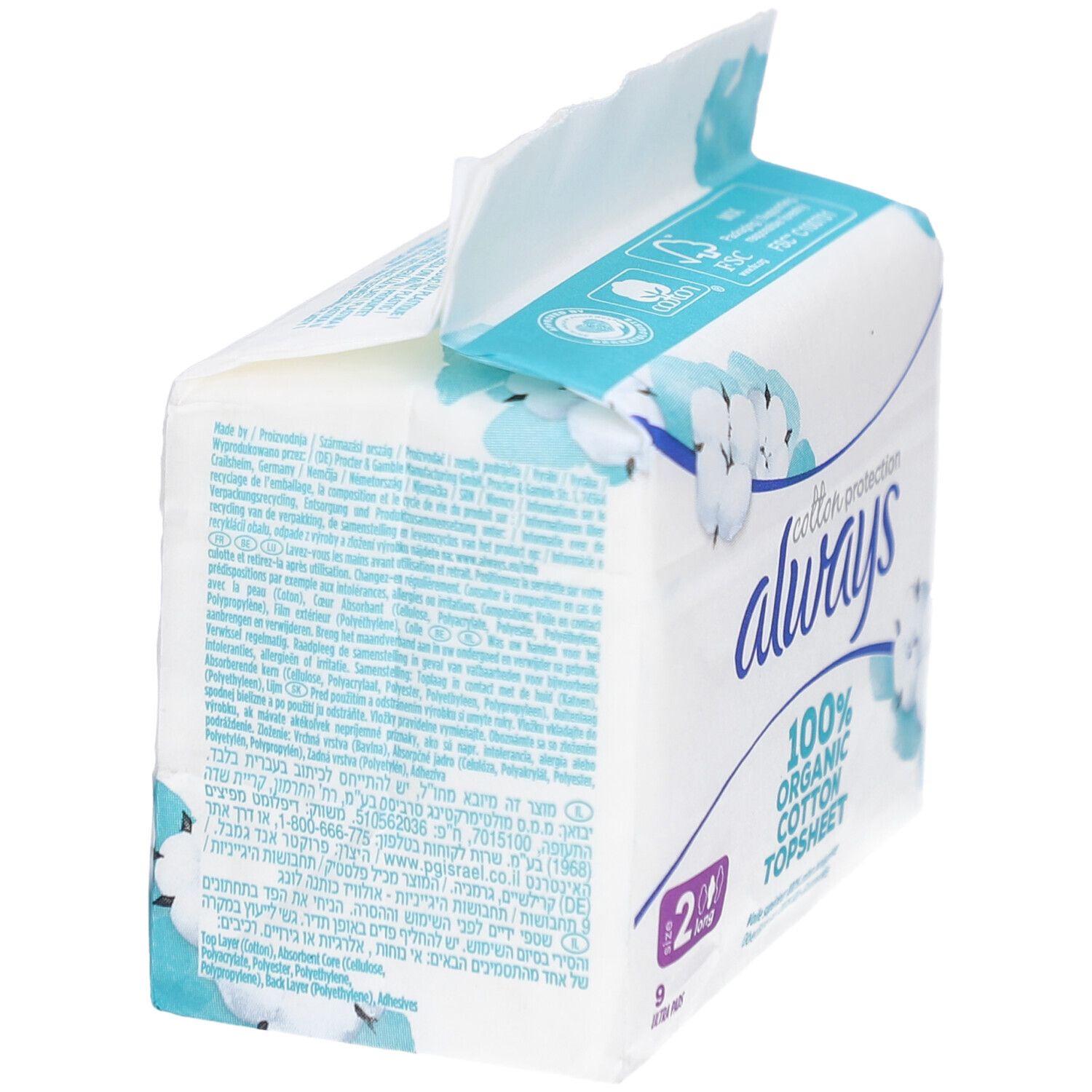 Always Cotton Protection, paquet. Vue latérale avec texte. 100% coton bio. Informations d'emballage en plusieurs langues.