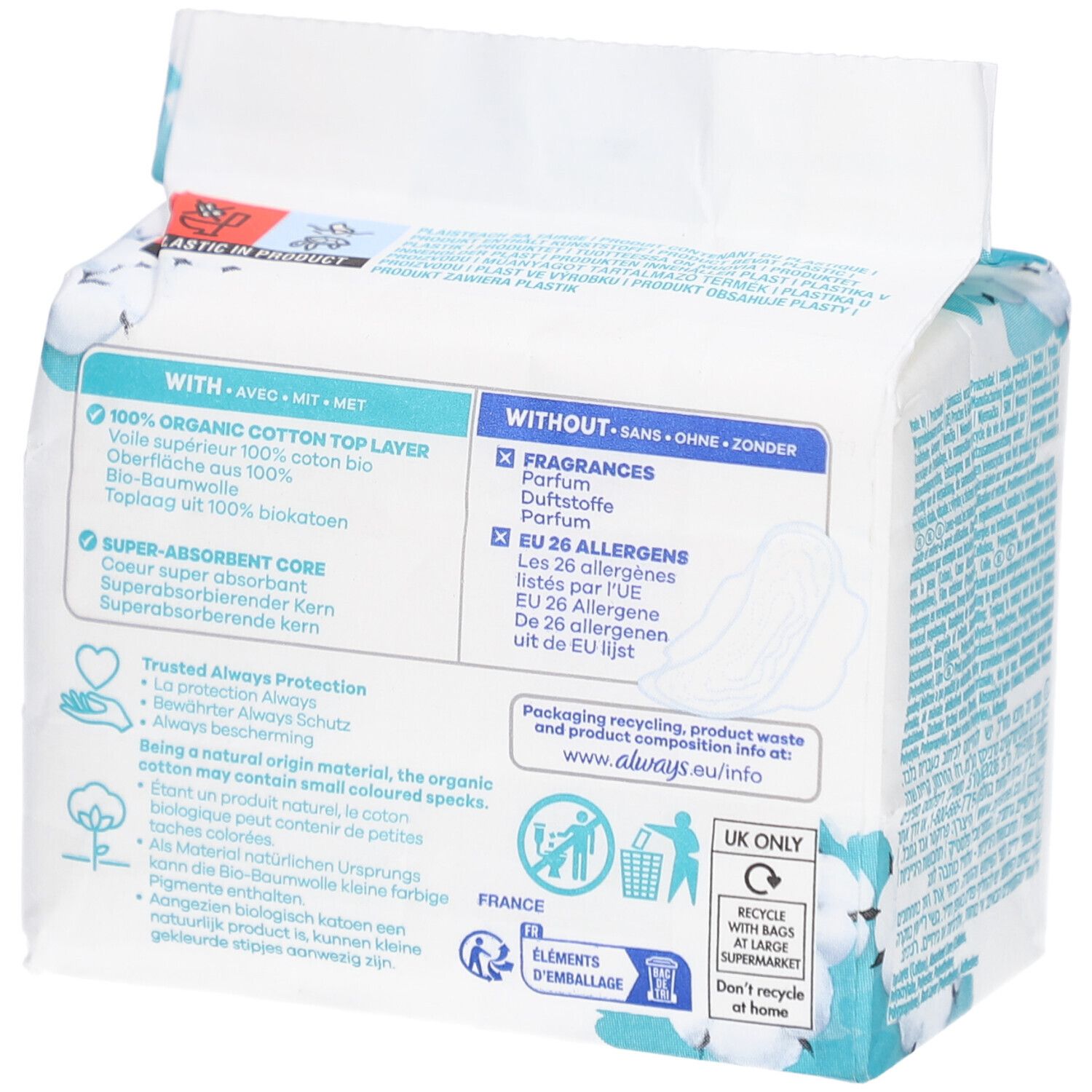 Dos du paquet Always Cotton Protection. Sections de texte sur les ingrédients et les certifications. Symboles de recyclage.