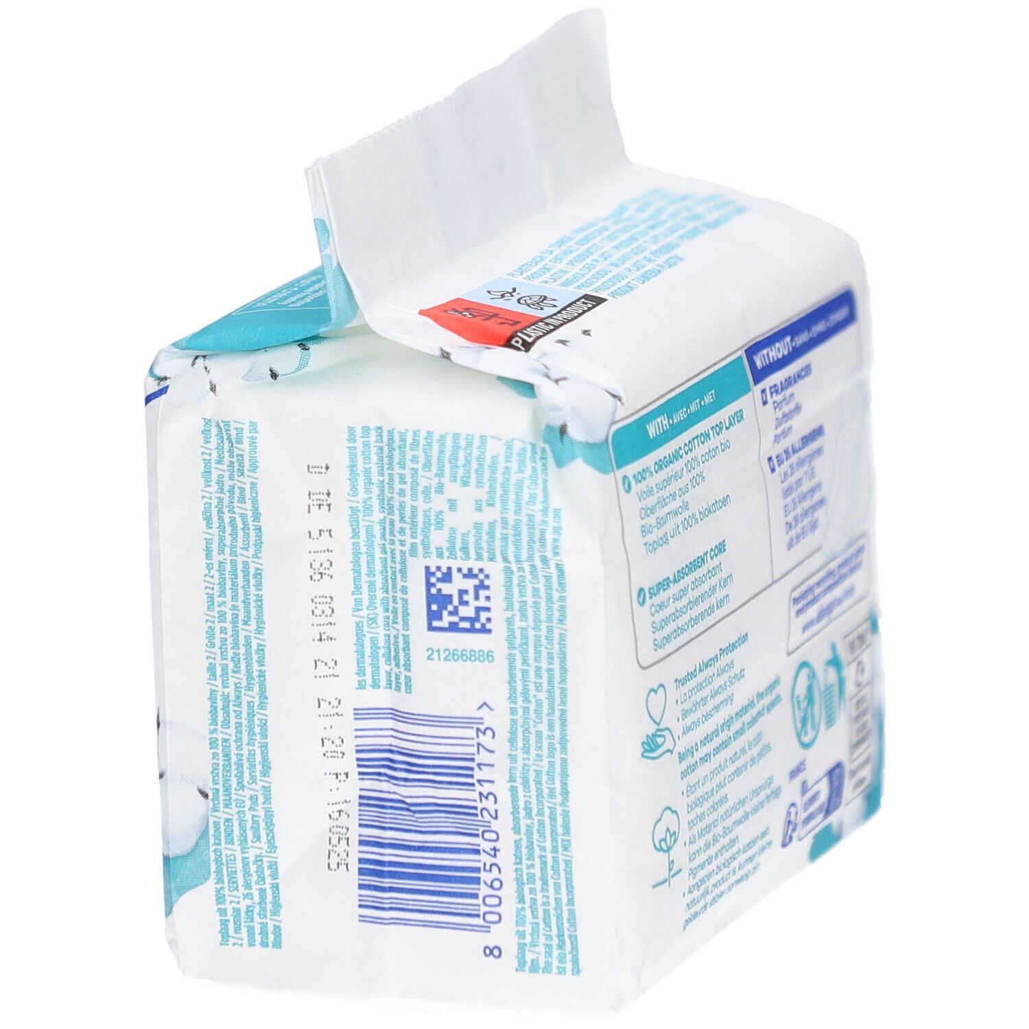 Dos du paquet Always Cotton Protection. Code-barres et texte. Informations sur les ingrédients et le recyclage.