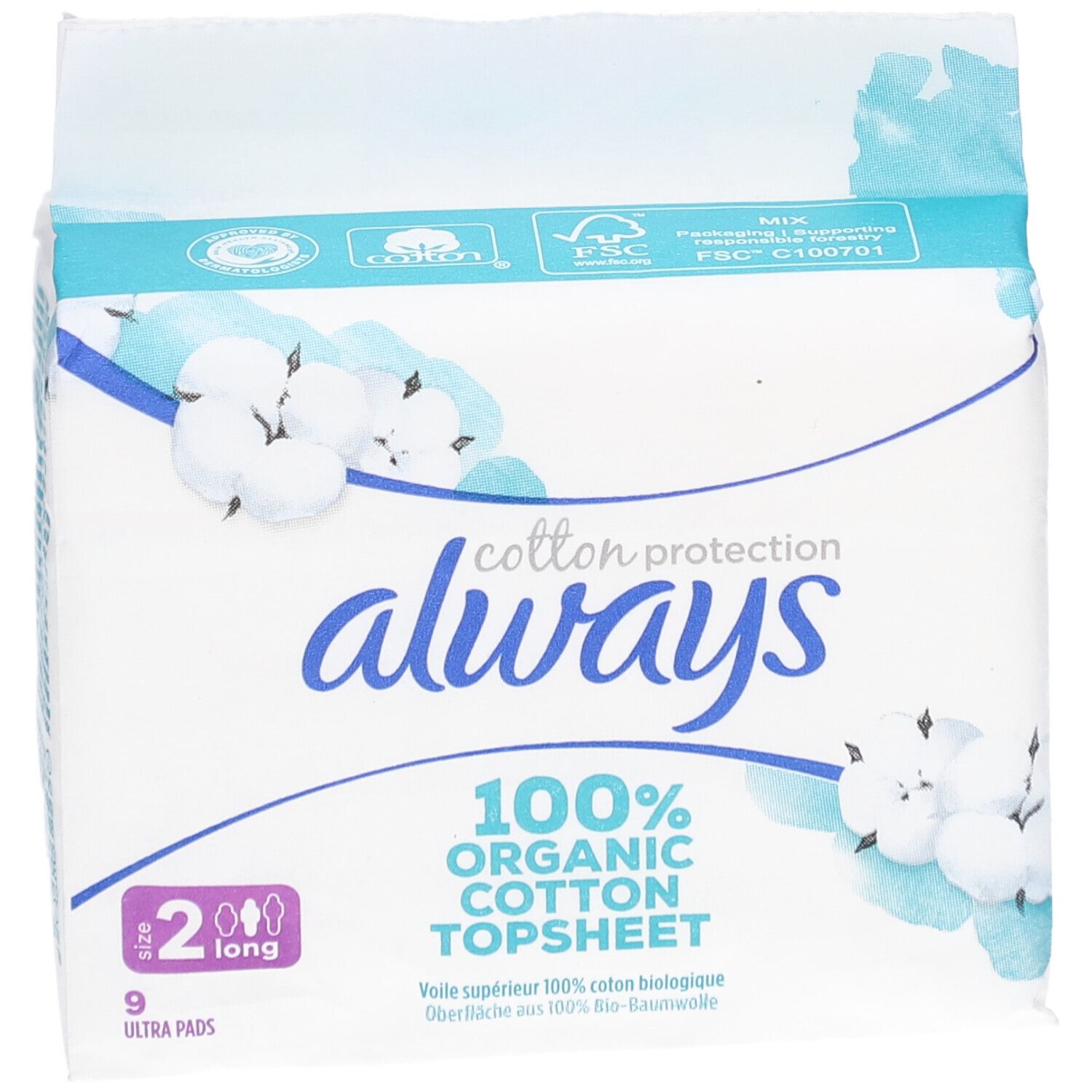 Always Cotton Protection, paquet de 9 serviettes Ultra, taille 2 Long. 100% coton bio. Emballage avec motif floral.