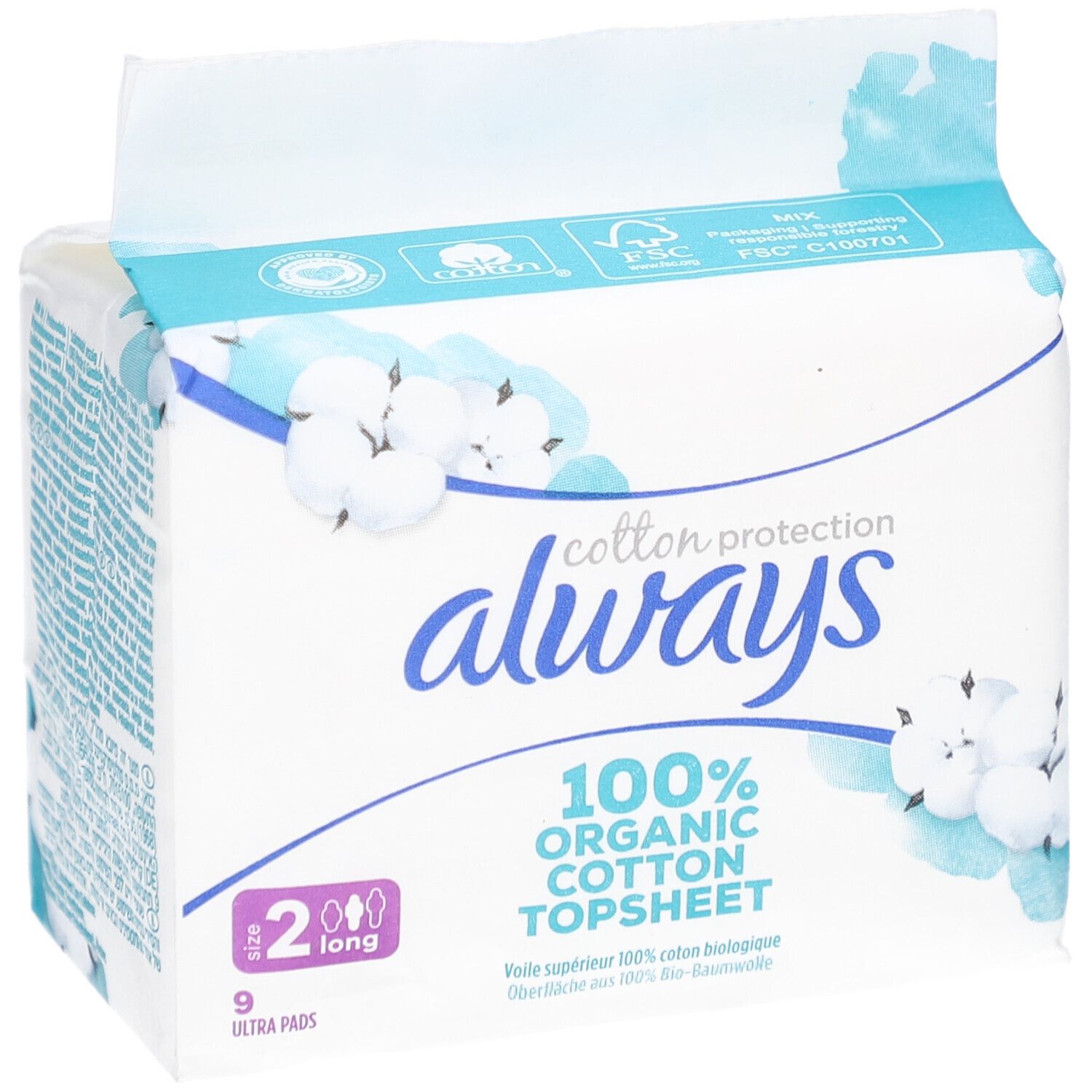 Always Cotton Protection, paquet de 9 serviettes Ultra, taille 2 Long. 100% coton bio. Emballage avec motif floral.
