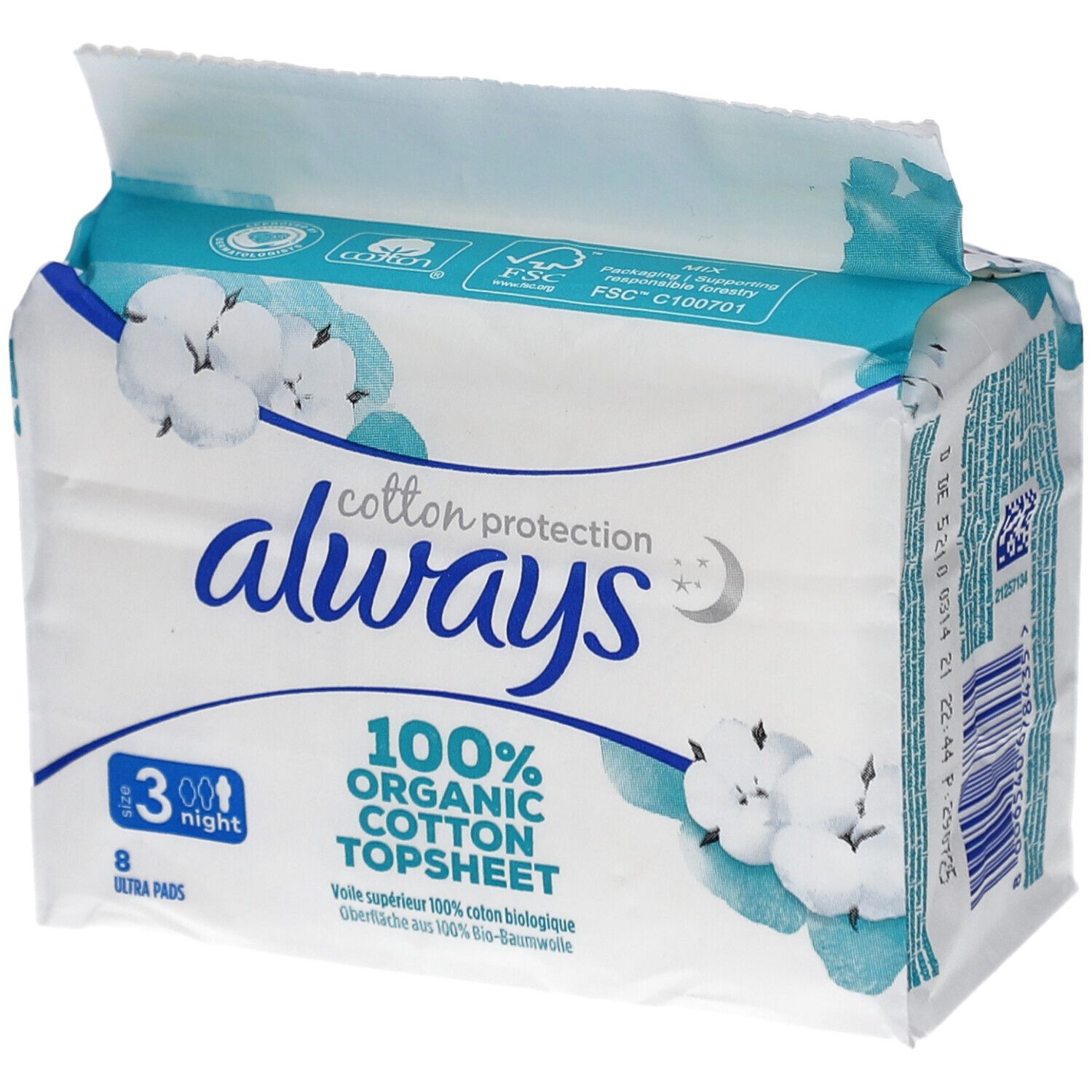 Paquet de serviettes ALWAYS Ultra. Protection coton, 8 Ultra Pads, nuit. Certification FSC. 100% coton bio.