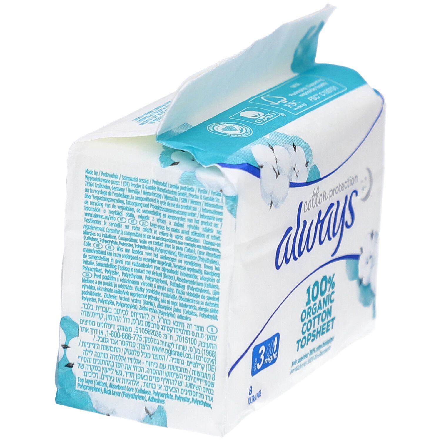 Vue latérale du paquet de serviettes ALWAYS Ultra. Protection coton, 8 Ultra Pads. Texte sur l'emballage, certification FSC.
