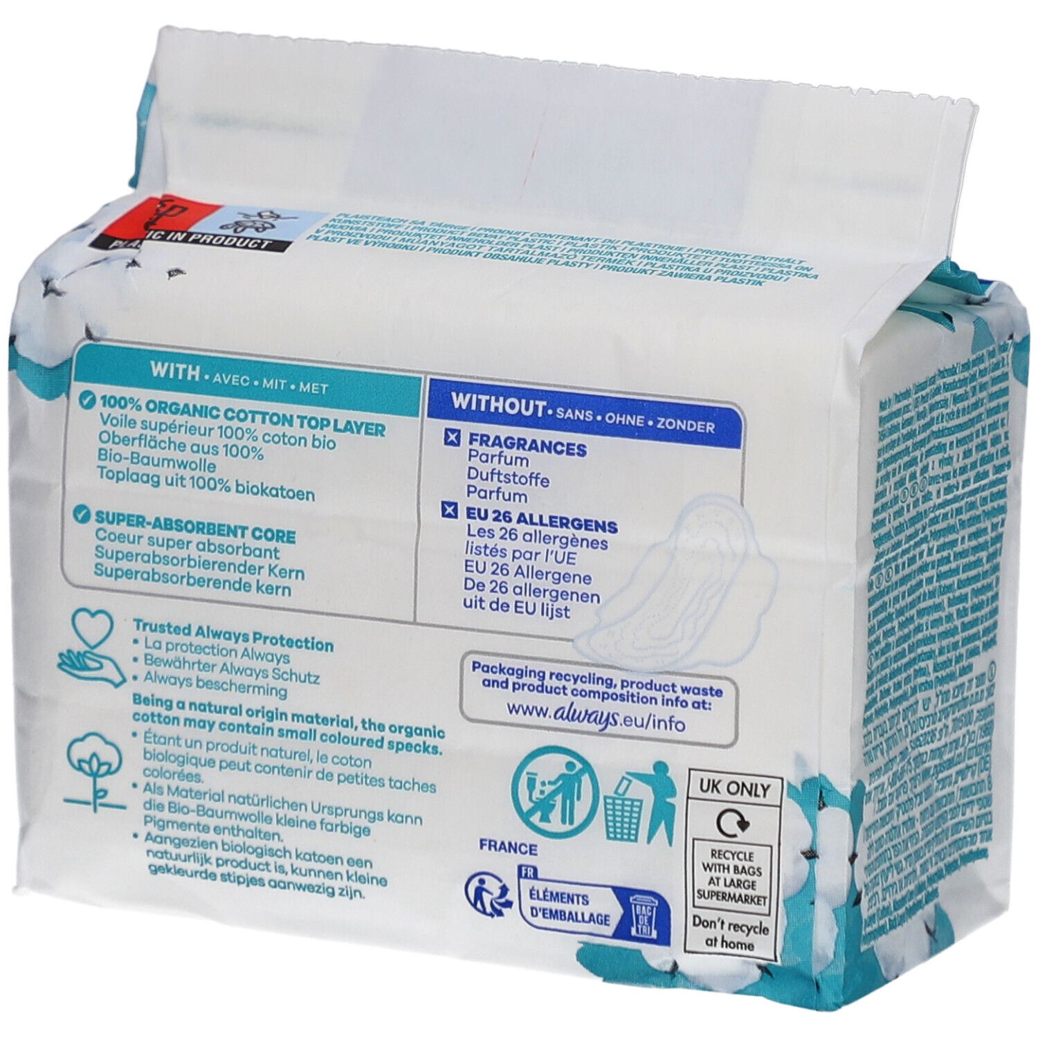 Dos du paquet de serviettes ALWAYS Ultra. Informations sur les ingrédients, le recyclage et les certifications.