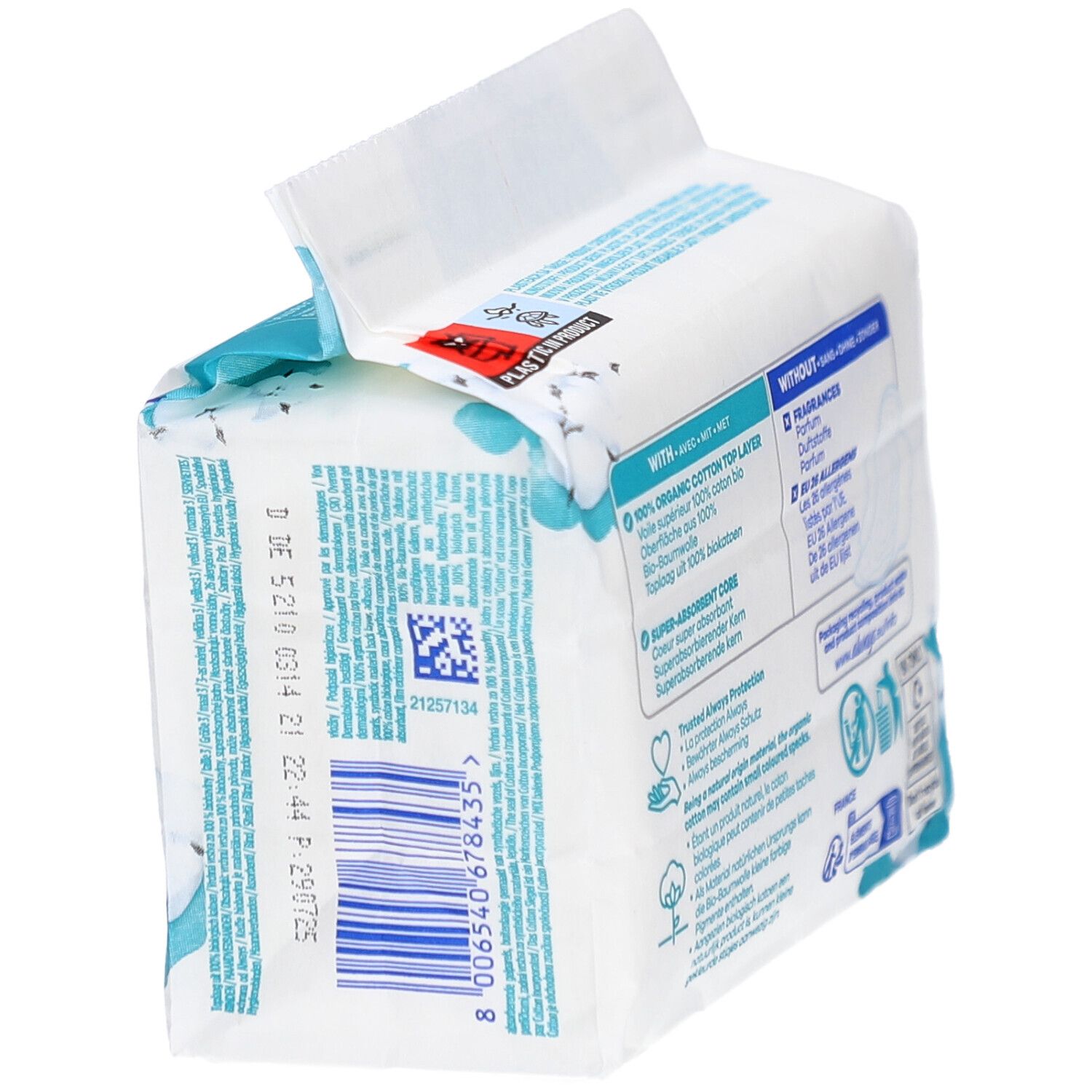 Vue latérale du paquet de serviettes ALWAYS Ultra. Code-barres, texte et certification FSC visibles.