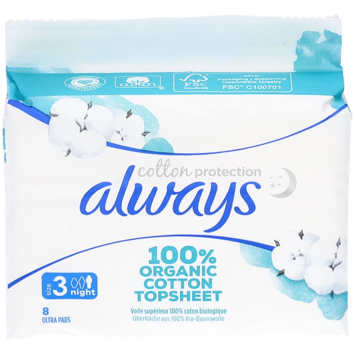 Paquet de serviettes ALWAYS Ultra. Protection coton, 8 Ultra Pads, nuit. Certification FSC. 100% coton bio.
