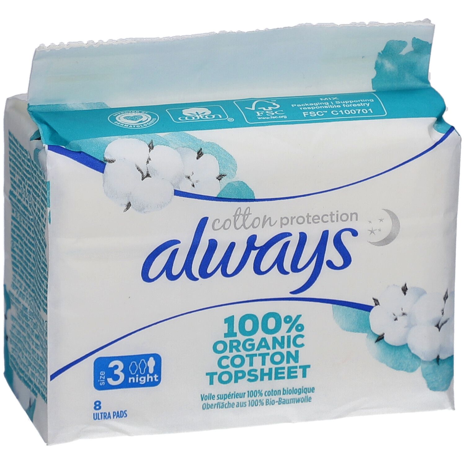 Paquet de serviettes ALWAYS Ultra. Protection coton, 8 Ultra Pads, nuit. Certification FSC. 100% coton bio.