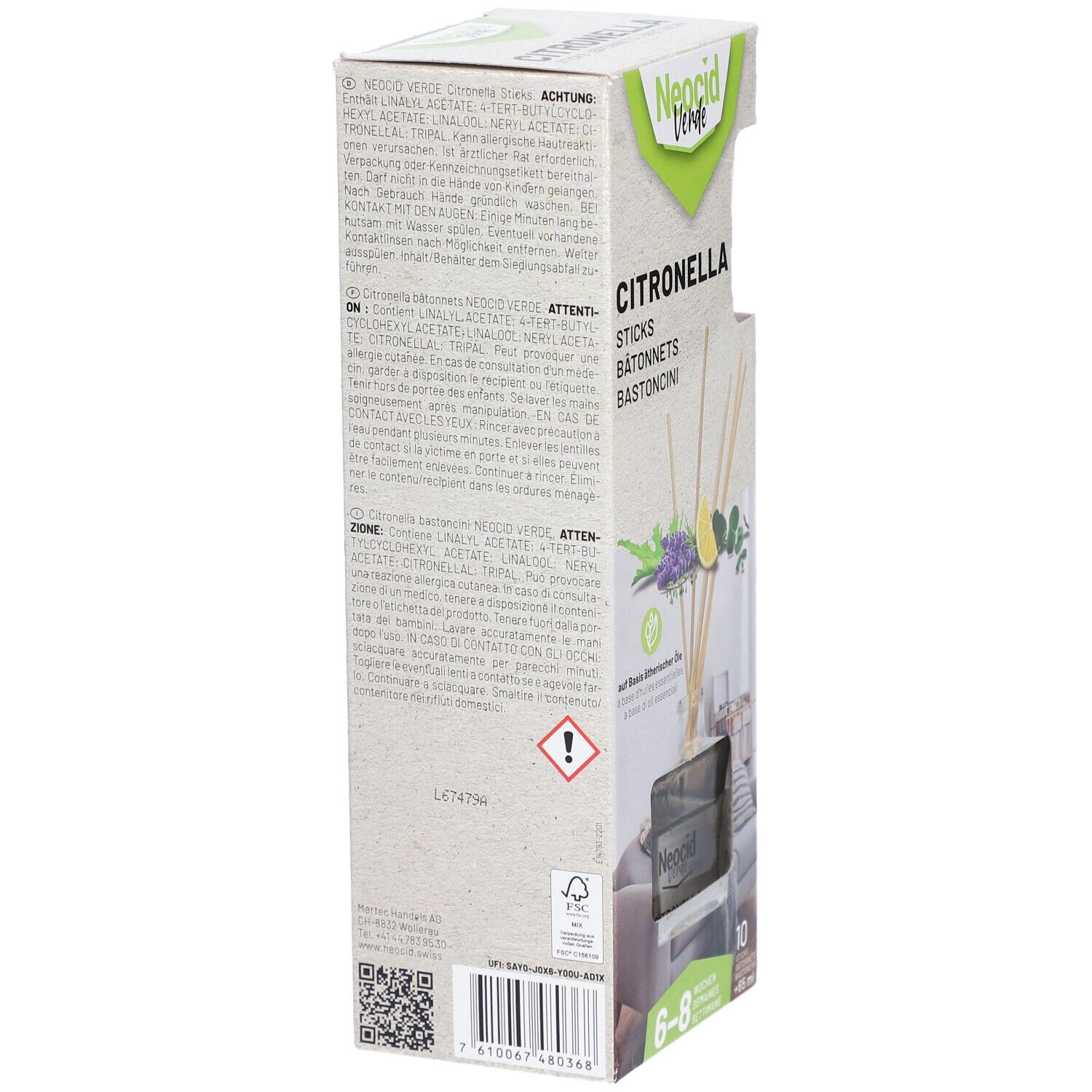 Dos de l'emballage du produit. Texte avec ingrédients, avertissements et code QR. Marque : Neocid Verde. Logo FSC.