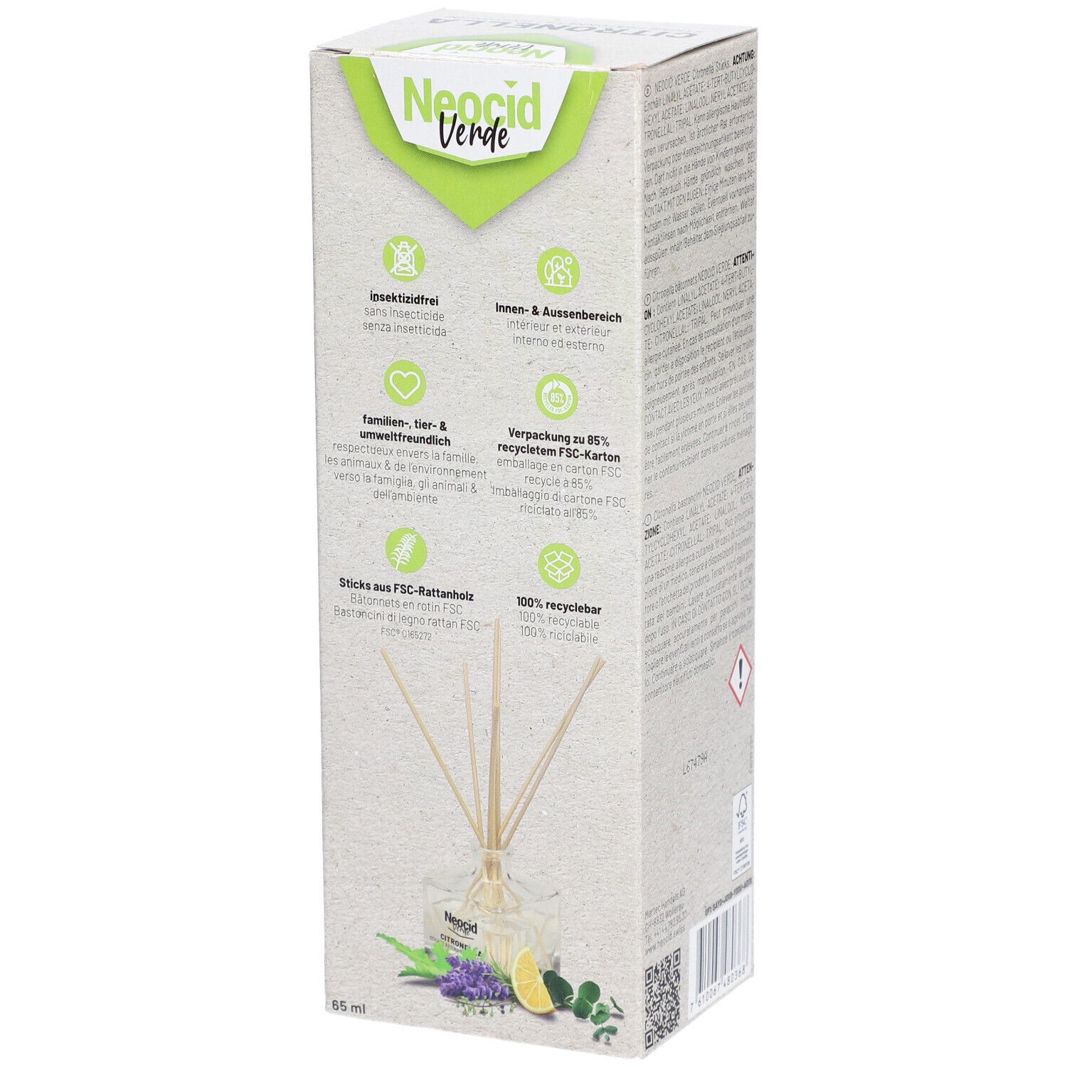 Côté de l'emballage du produit. Texte avec informations sur les caractéristiques et la durabilité. Logo FSC. Marque : Neocid Verde.