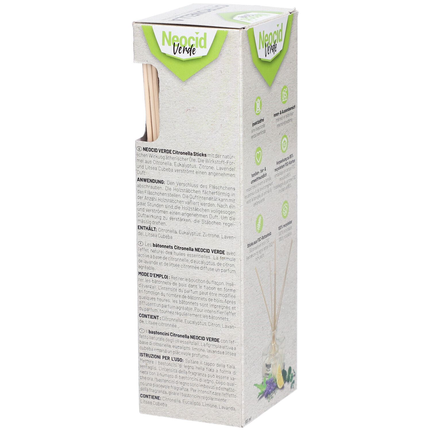 Côté de l'emballage du produit. Texte avec instructions d'utilisation et ingrédients. Marque : Neocid Verde. Logo FSC.