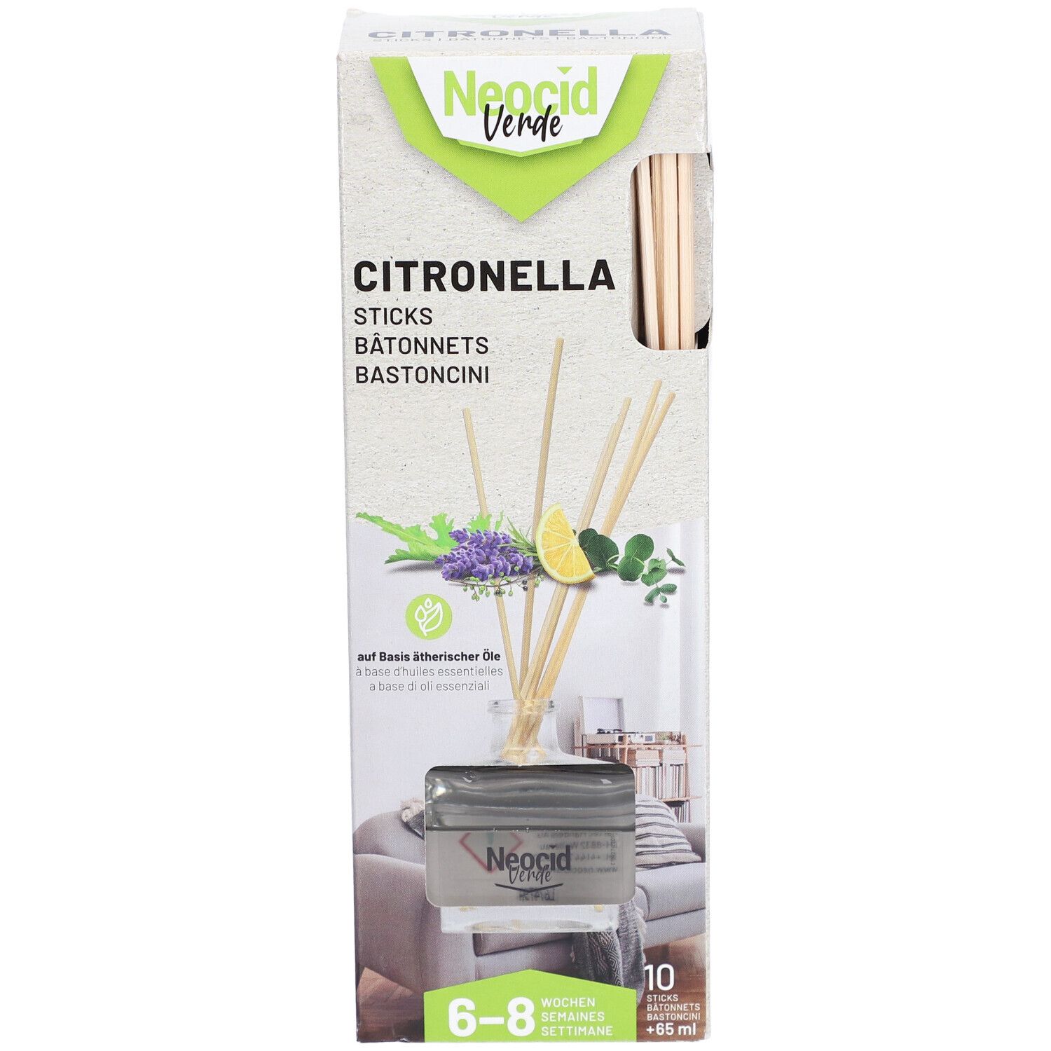 Emballage du produit avec bâtonnets de citronnelle. Contient des bâtonnets en bois, des illustrations de plantes et de citron. Marque : Neocid Verde.