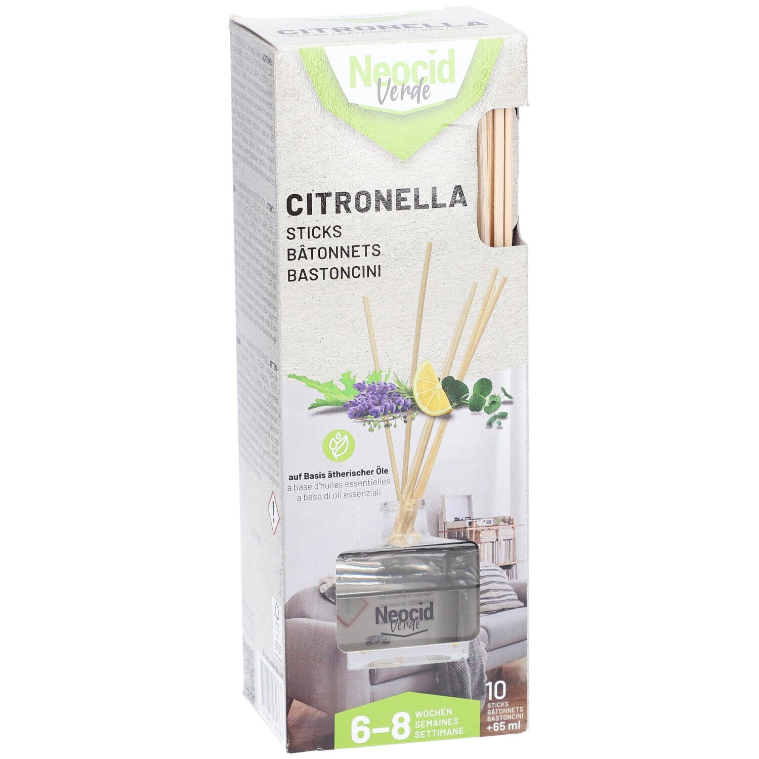 Emballage du produit avec bâtonnets de citronnelle. Contient des bâtonnets en bois, des illustrations de plantes et de citron. Marque : Neocid Verde.