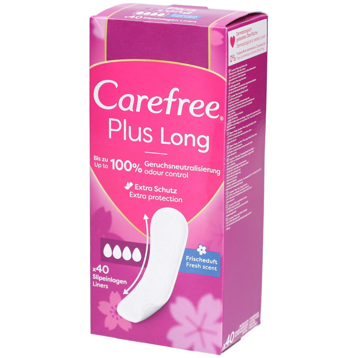 Boîte de protège-slips Carefree Plus Long. Emballage rose avec image du produit et texte. Contient 40 protège-slips.