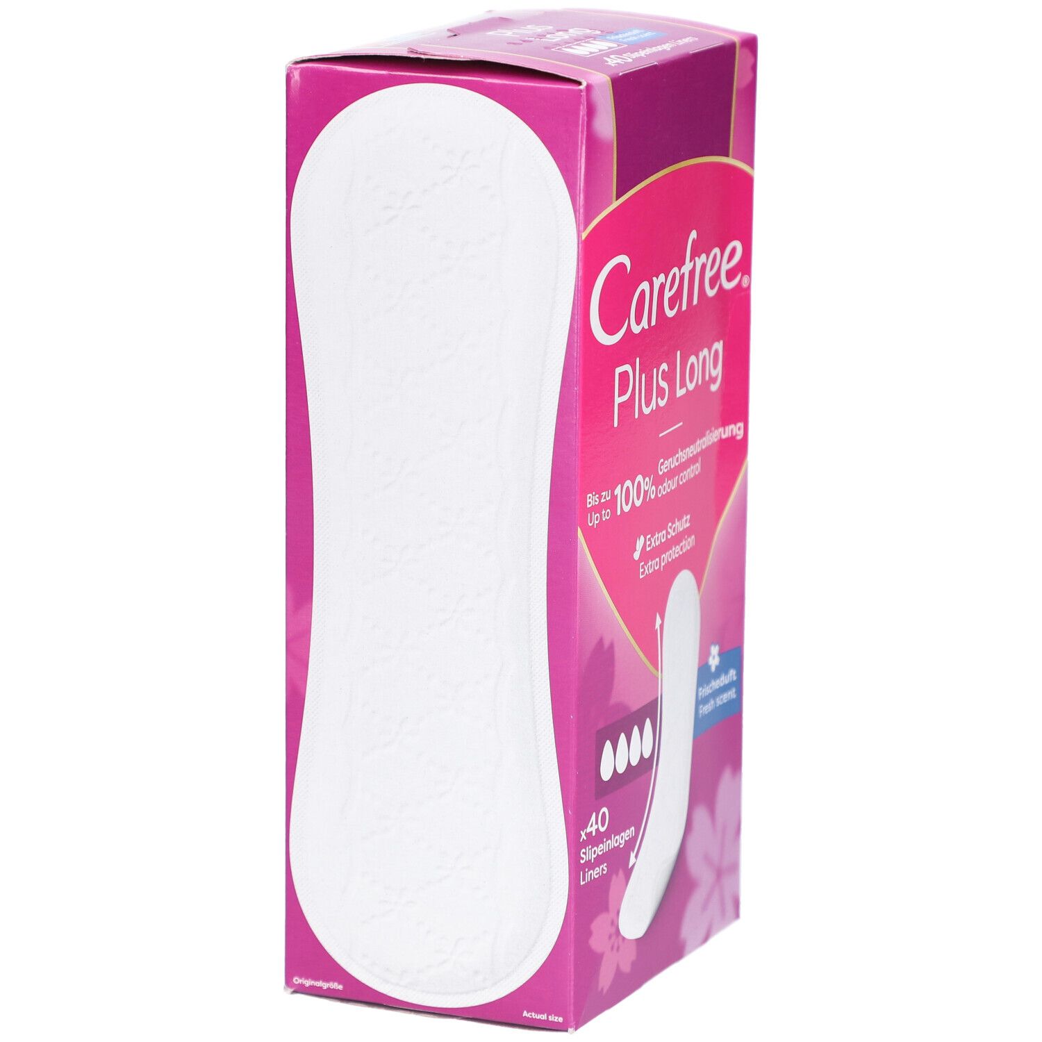 Paquet Carefree Plus Long. Emballage rose avec image du produit. Montre un design de protège-slip unique.