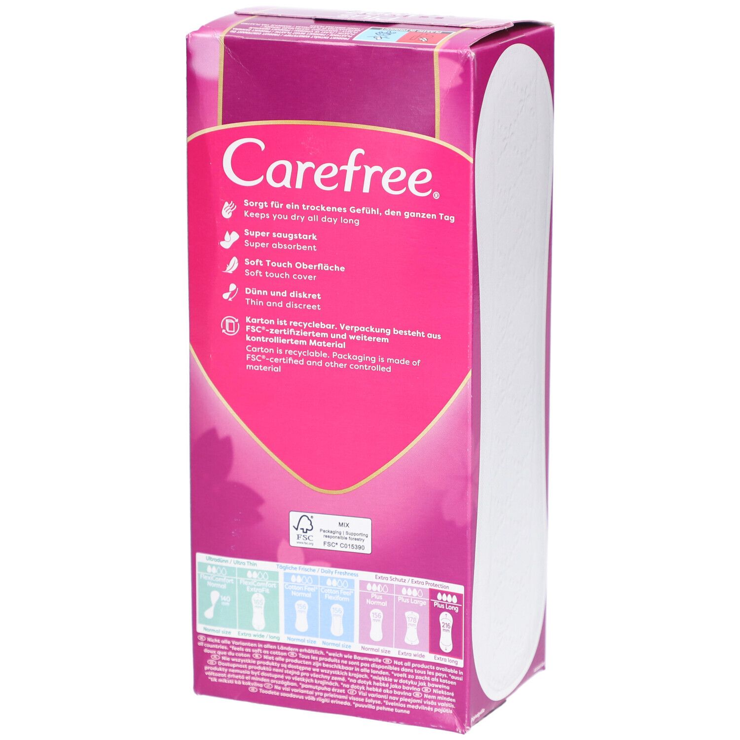Dos du paquet Carefree Plus Long. Contient des informations sur le produit et la certification FSC. Fond rose.