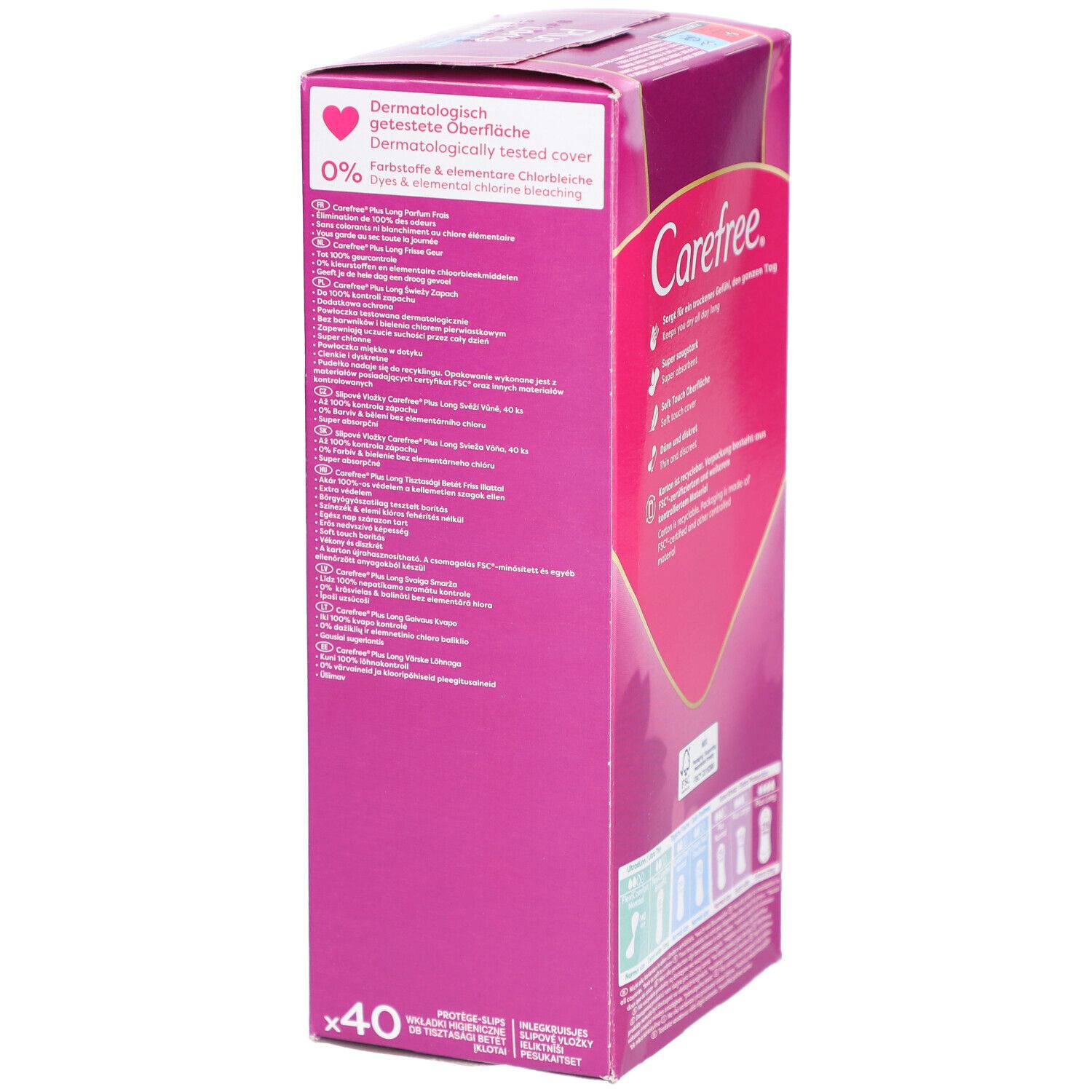 Paquet Carefree Plus Long. Emballage rose avec informations et texte sur le produit. Testé dermatologiquement.