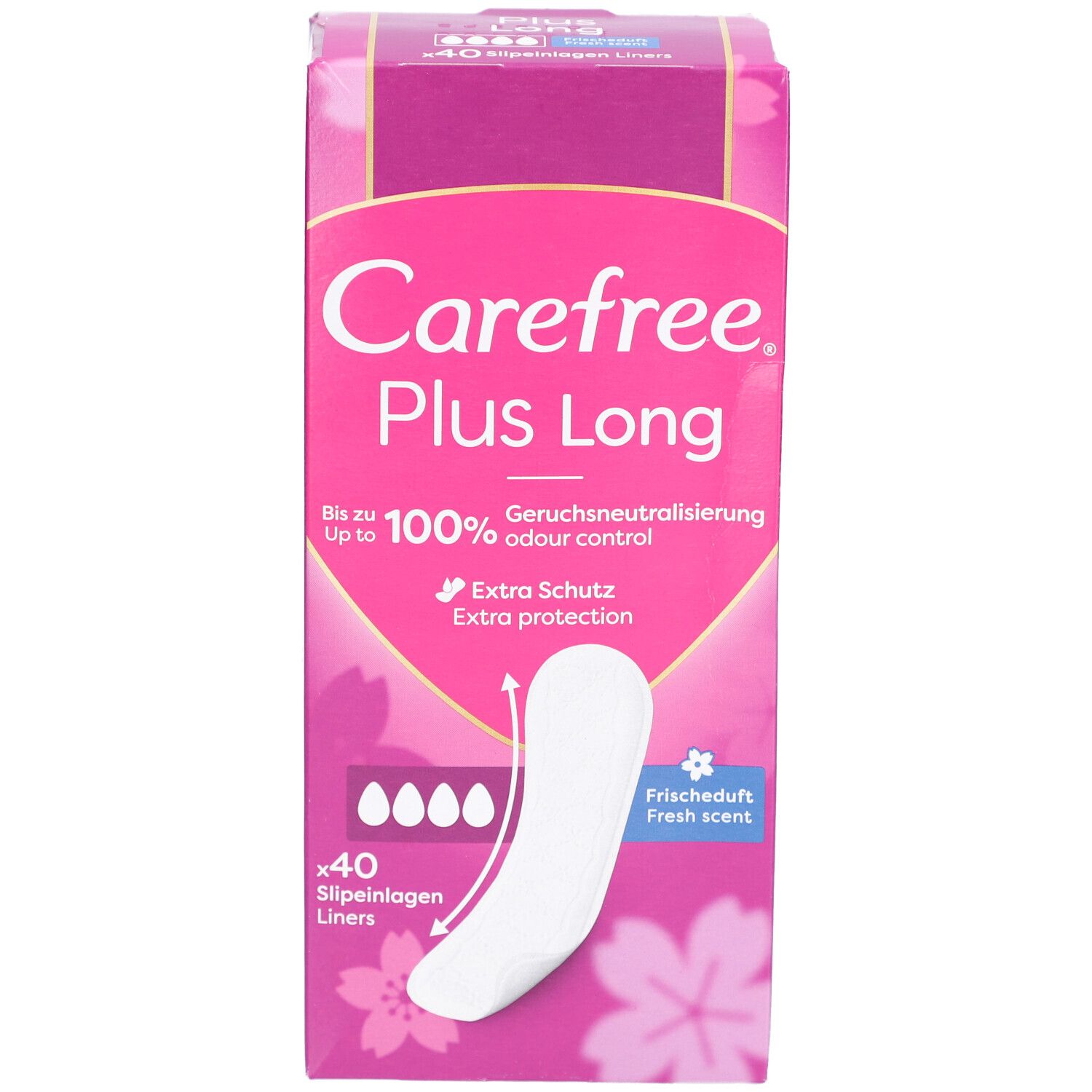 Boîte Carefree Plus Long. Emballage rose avec image et texte. Contient 40 protège-slips.