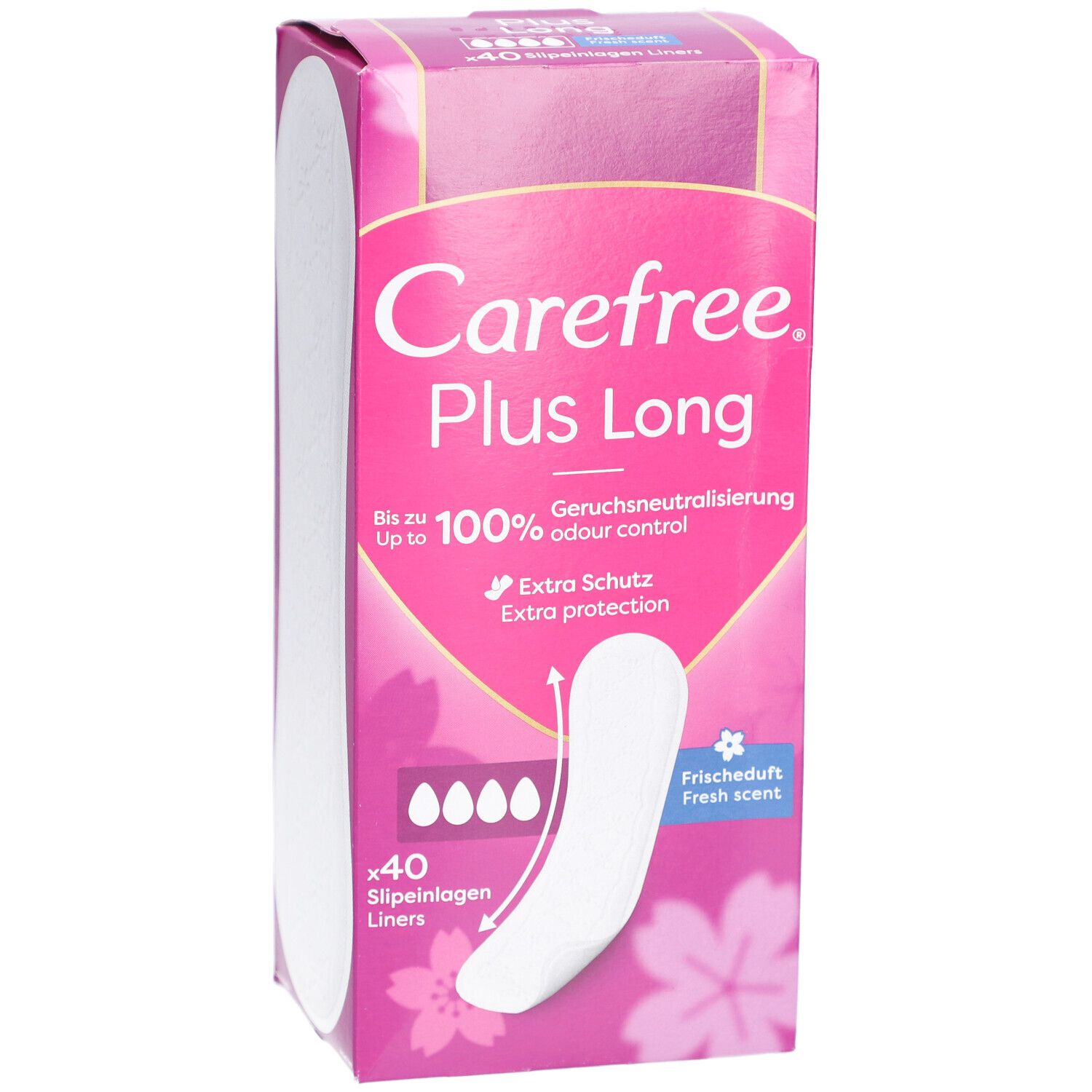 Boîte Carefree Plus Long. Emballage rose avec image et texte. Contient 40 protège-slips.